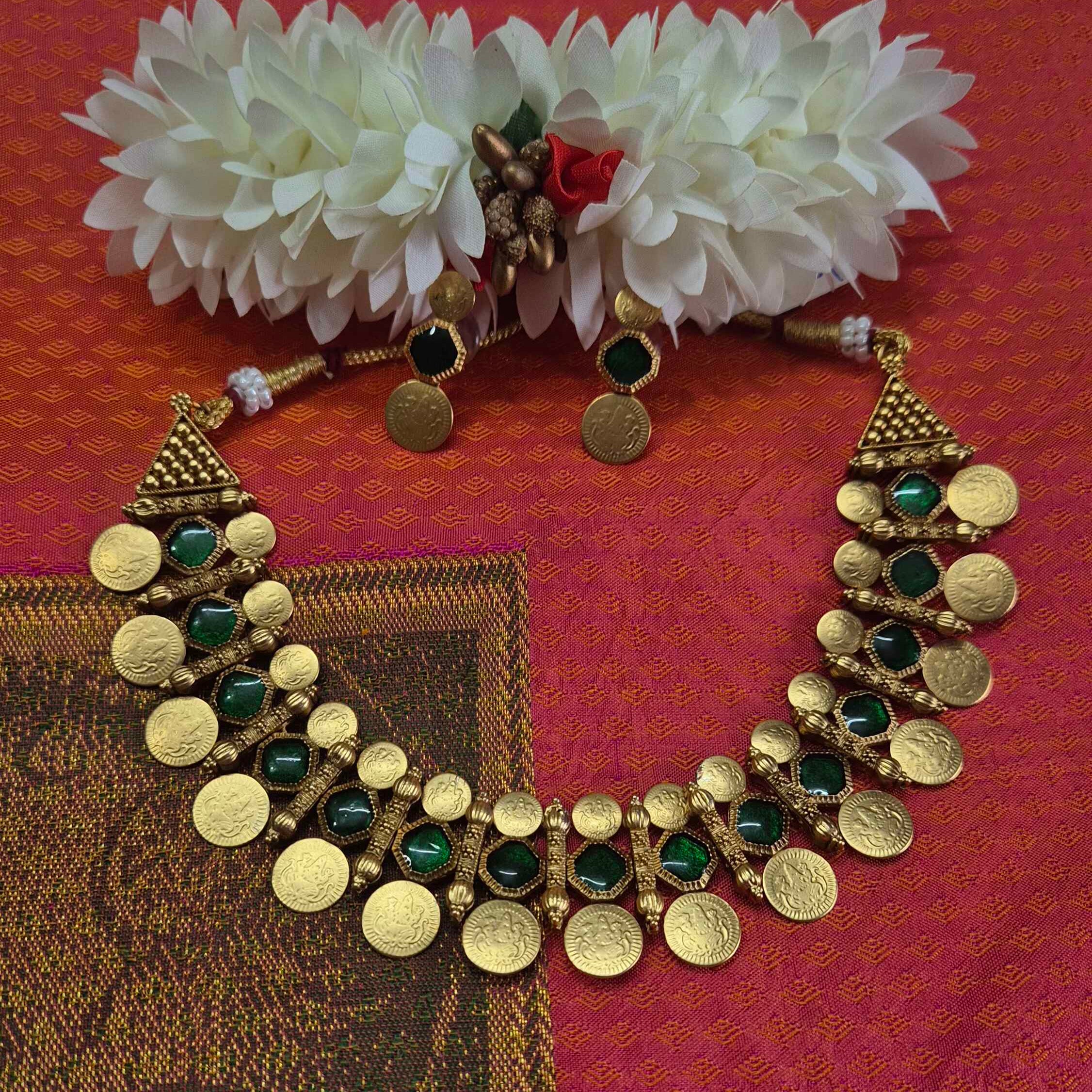 Antique Coin Necklace Set with Green Stones | Traditional Kasu Mala Choker Jewelry for Women