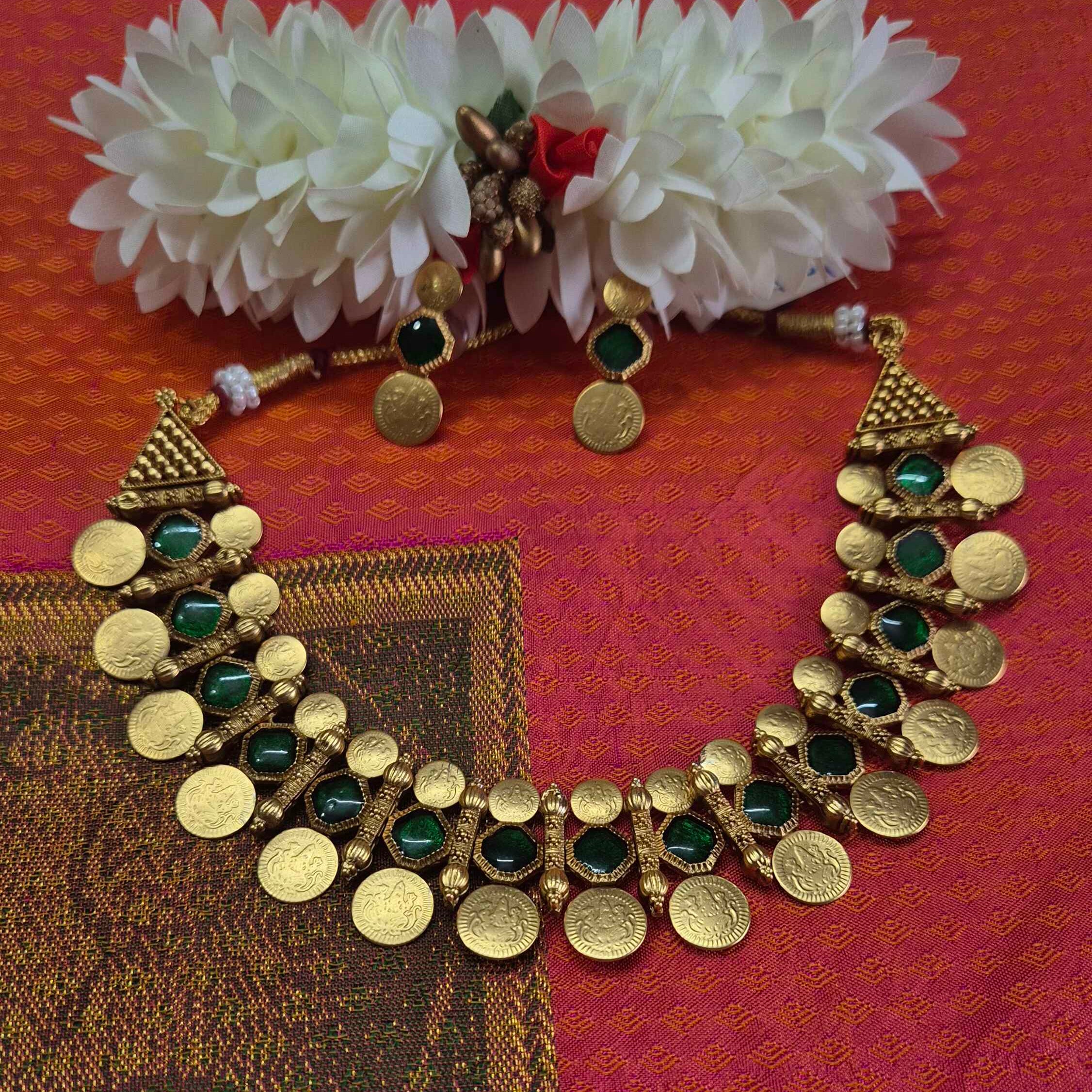 Antique Coin Necklace Set with Green Stones | Traditional Kasu Mala Choker Jewelry for Women
