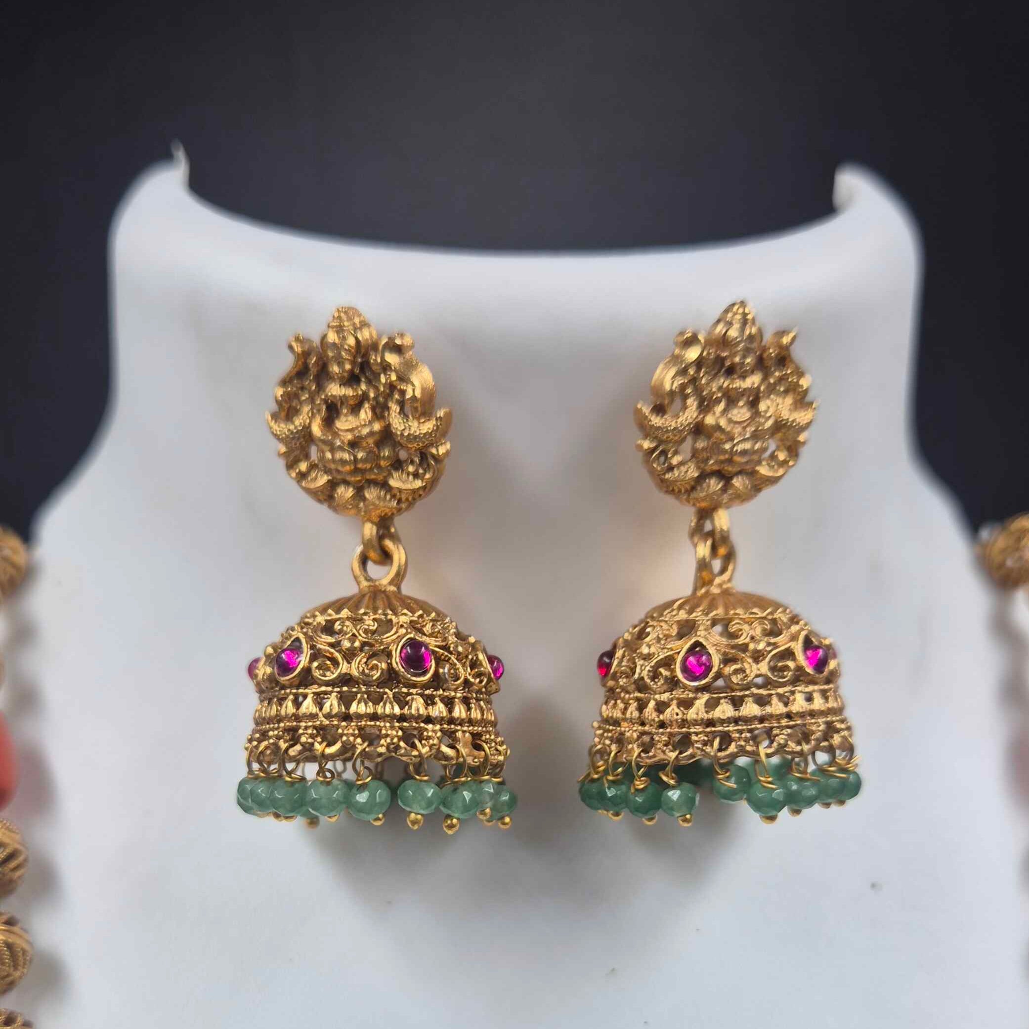 Antique Gold Finish Lakshmi Temple Pendant Necklace Set with Coral Beads & Jhumka Earrings