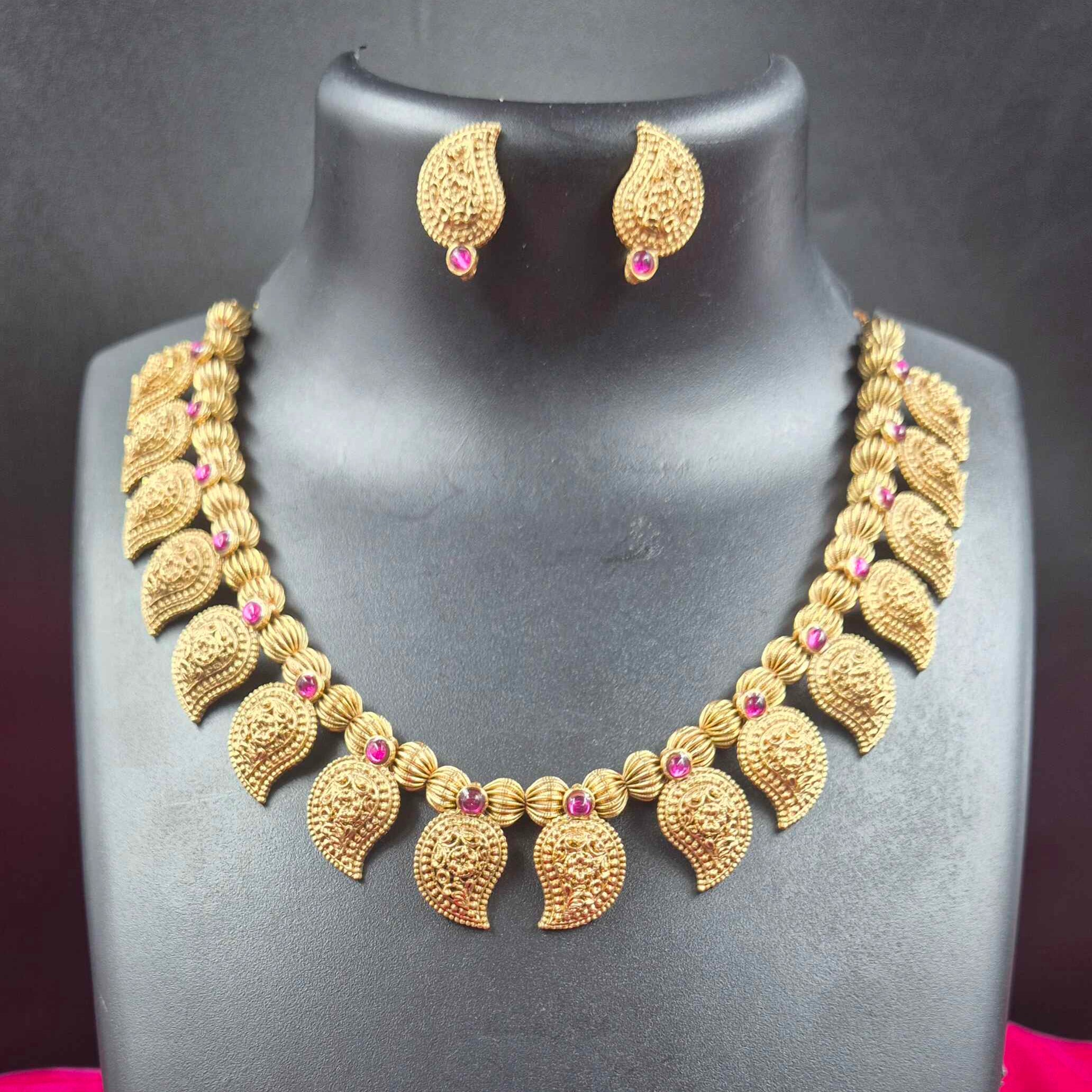 Antique Gold Finish MANGO Necklace Set with Ruby Stone Accents | Traditional South Indian Jewelry
