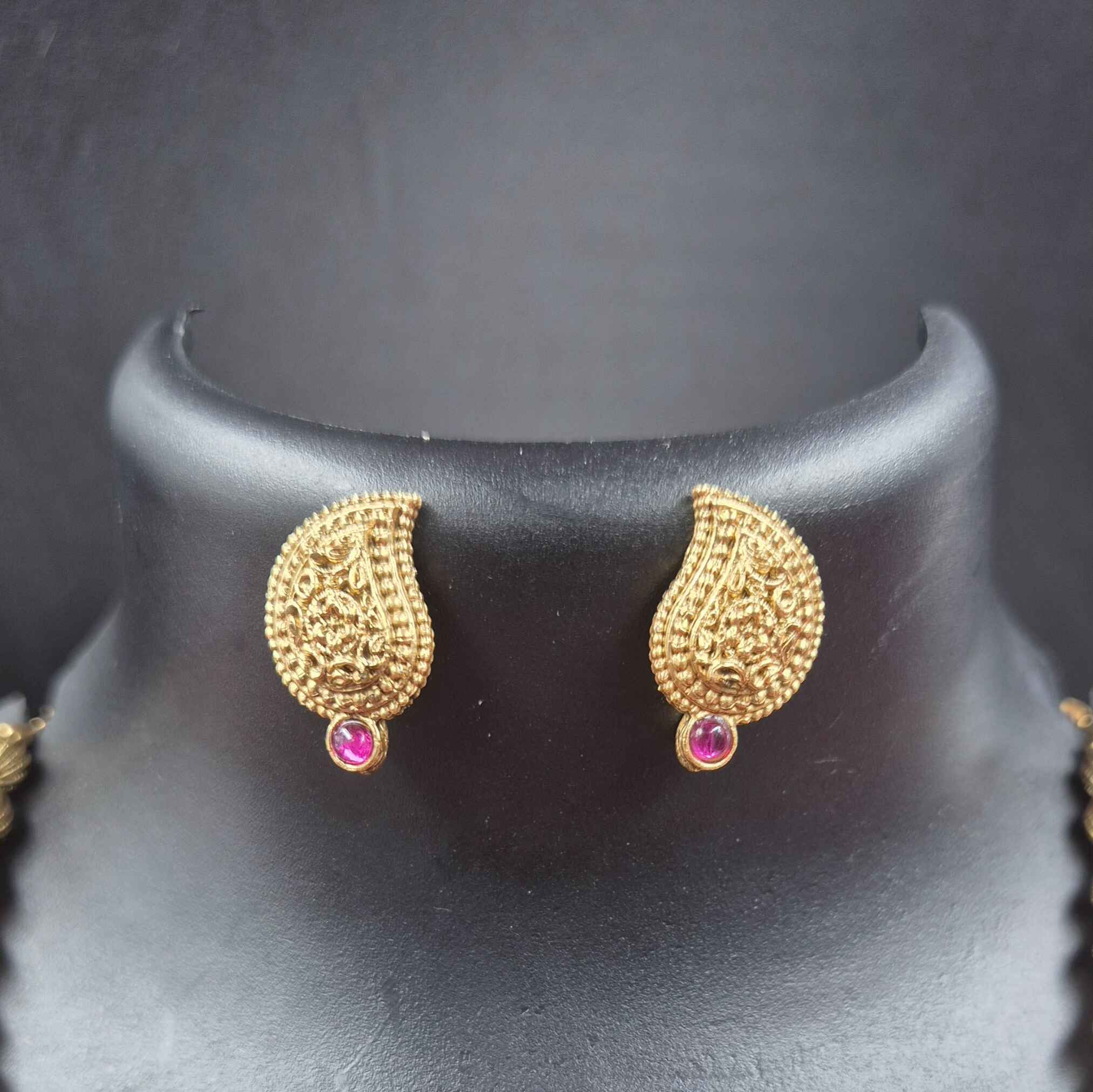Antique Gold Finish MANGO Necklace Set with Ruby Stone Accents | Traditional South Indian Jewelry