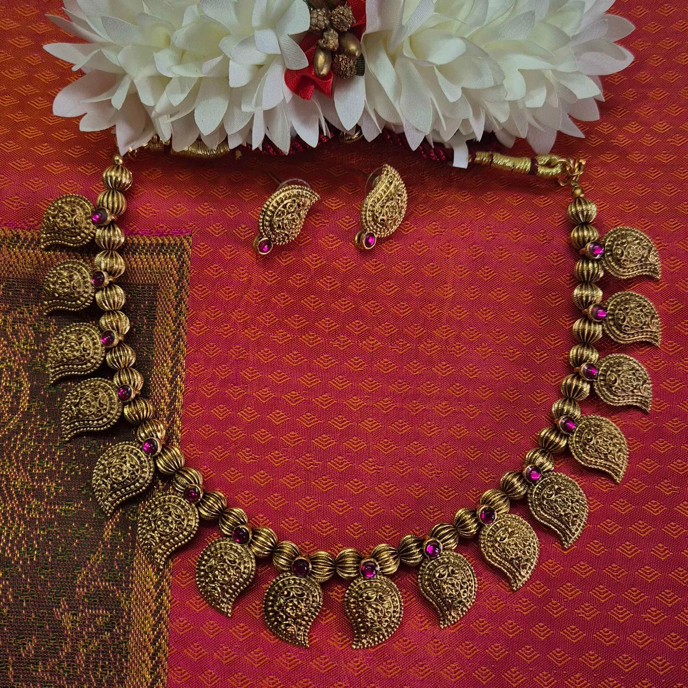 Antique Gold Finish MANGO Necklace Set with Ruby Stone Accents | Traditional South Indian Jewelry