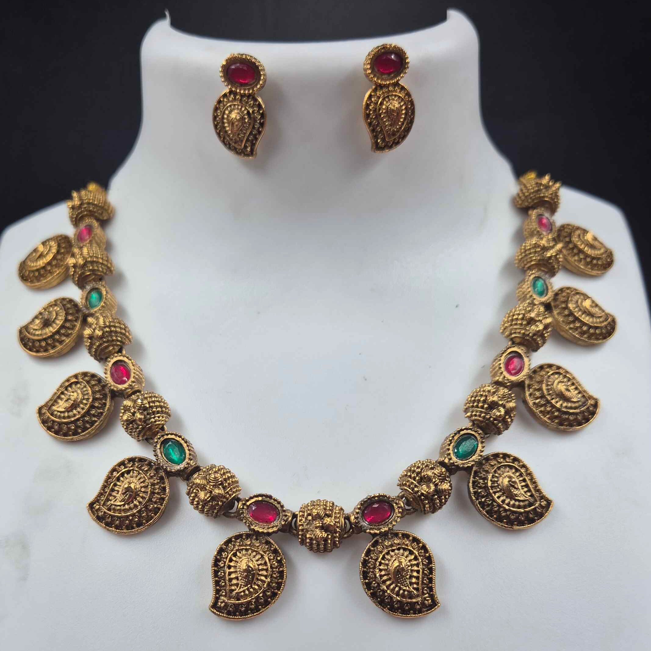 Antique Gold Finish mango Necklace Set with Ruby & Emerald Stone Accents | Traditional Ethnic Jewelry
