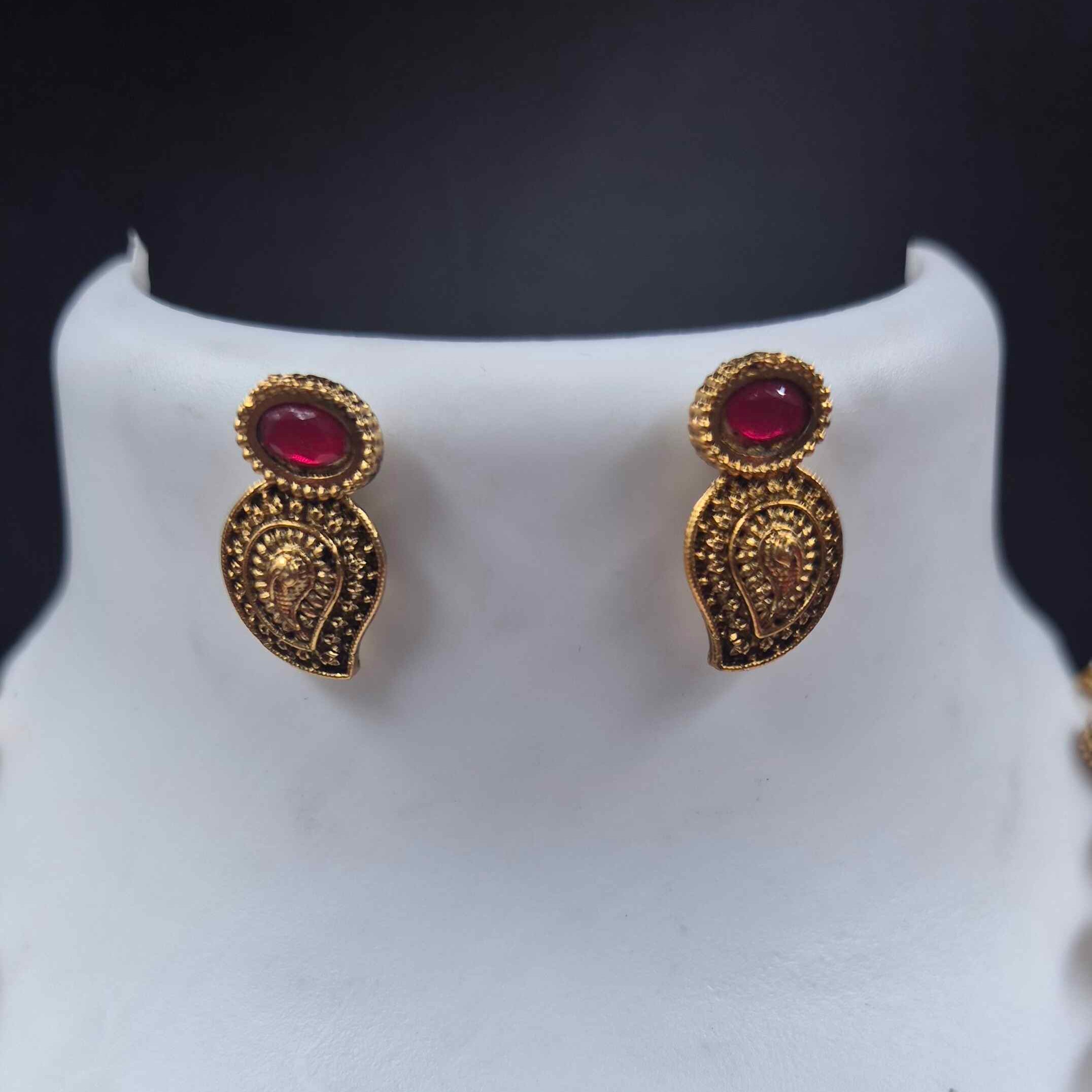 Antique Gold Finish mango Necklace Set with Ruby & Emerald Stone Accents | Traditional Ethnic Jewelry