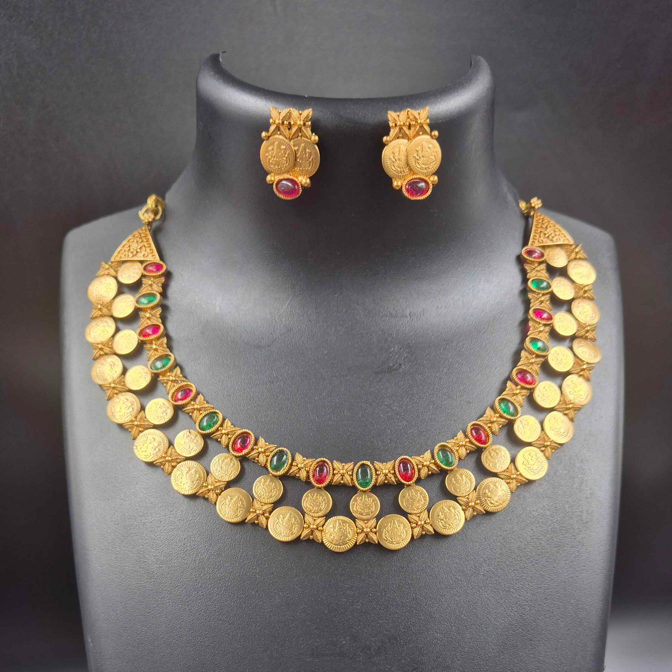 Antique Gold Finish Lakshmi double layered Coin Necklace Set with Ruby & Emerald Stone Accents | Traditional Temple Jewelry