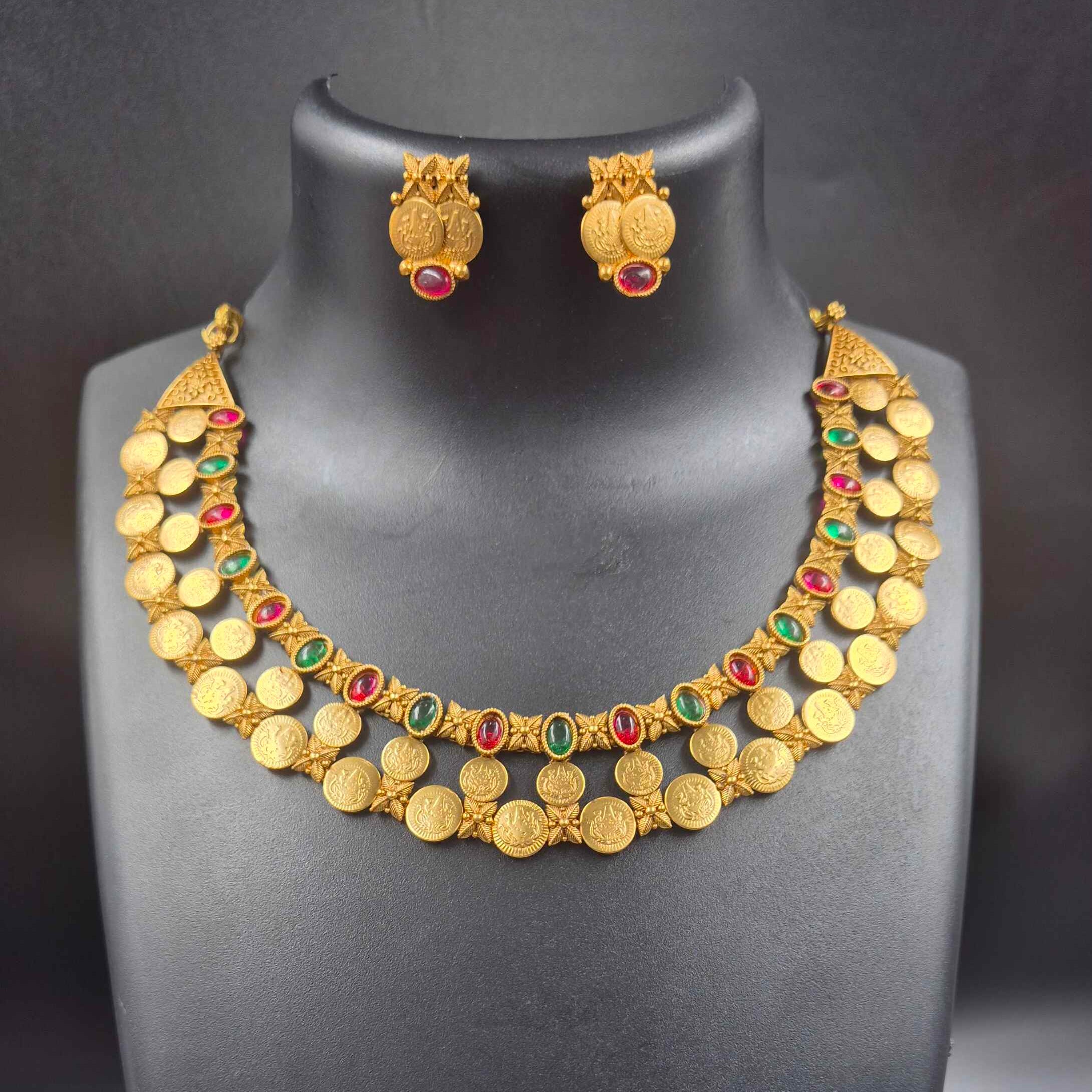 Antique Gold Finish Lakshmi double layered Coin Necklace Set with Ruby & Emerald Stone Accents | Traditional Temple Jewelry