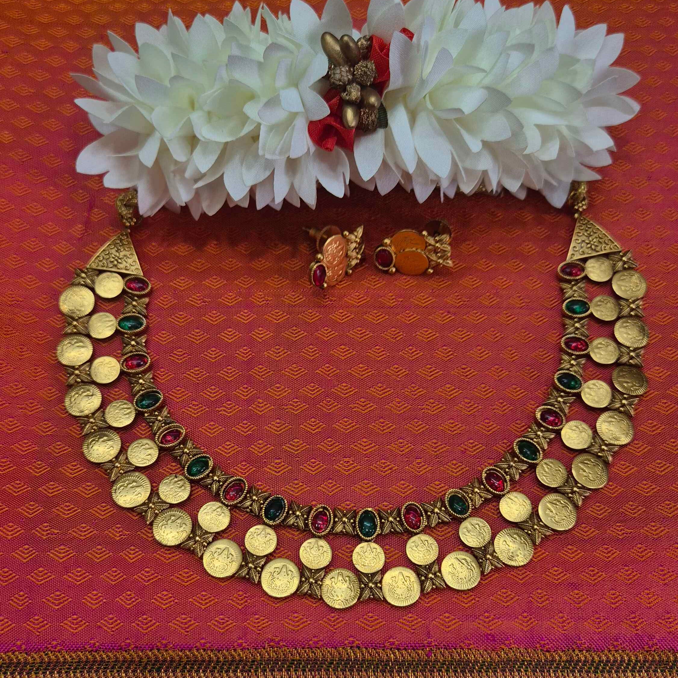 Antique Gold Finish Lakshmi double layered Coin Necklace Set with Ruby & Emerald Stone Accents | Traditional Temple Jewelry