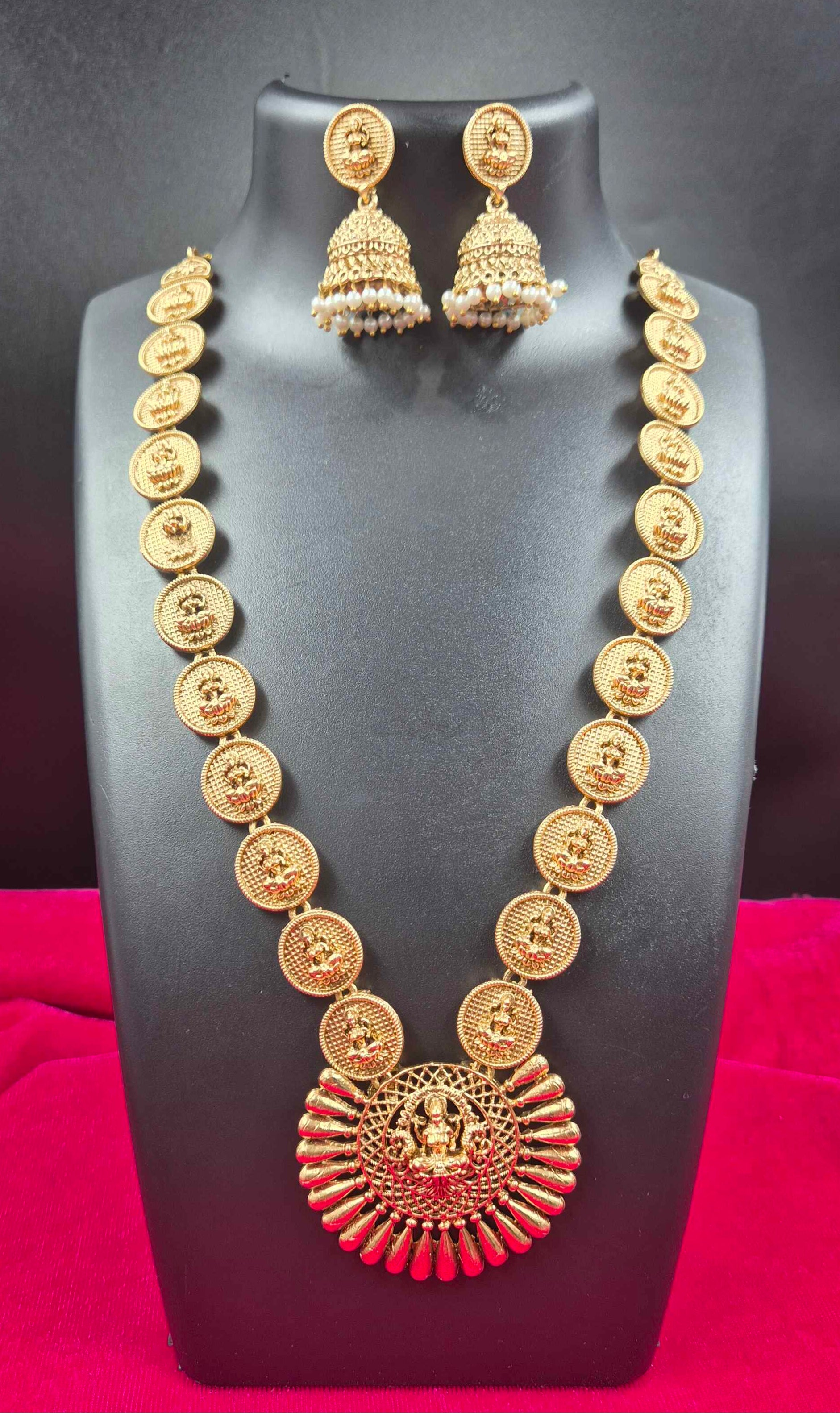 Long Lakshmi Coin Necklace Set with Temple Pendant & Jhumka Earrings | Antique Gold Finish Traditional Jewelry