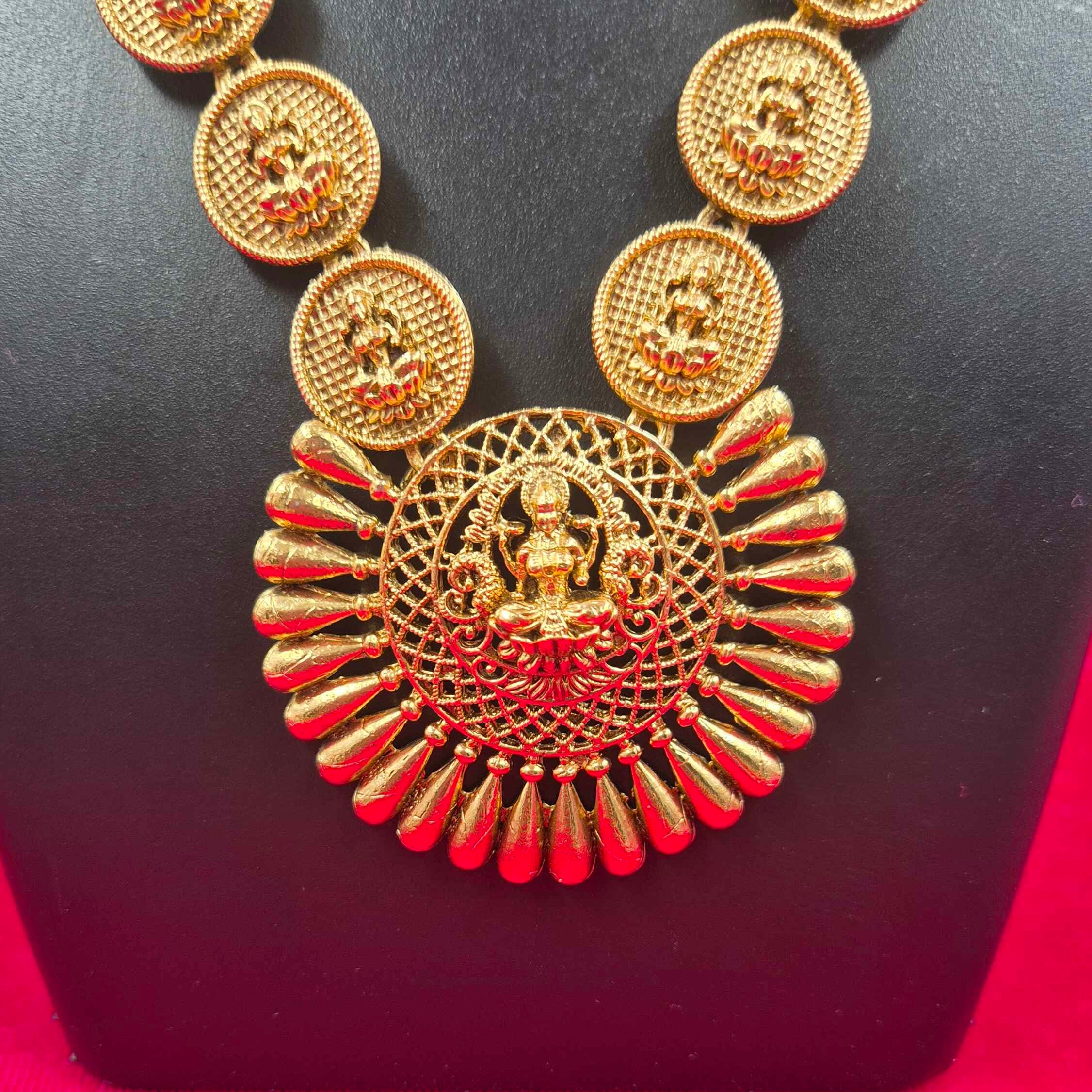 Long Lakshmi Coin Necklace Set with Temple Pendant & Jhumka Earrings | Antique Gold Finish Traditional Jewelry