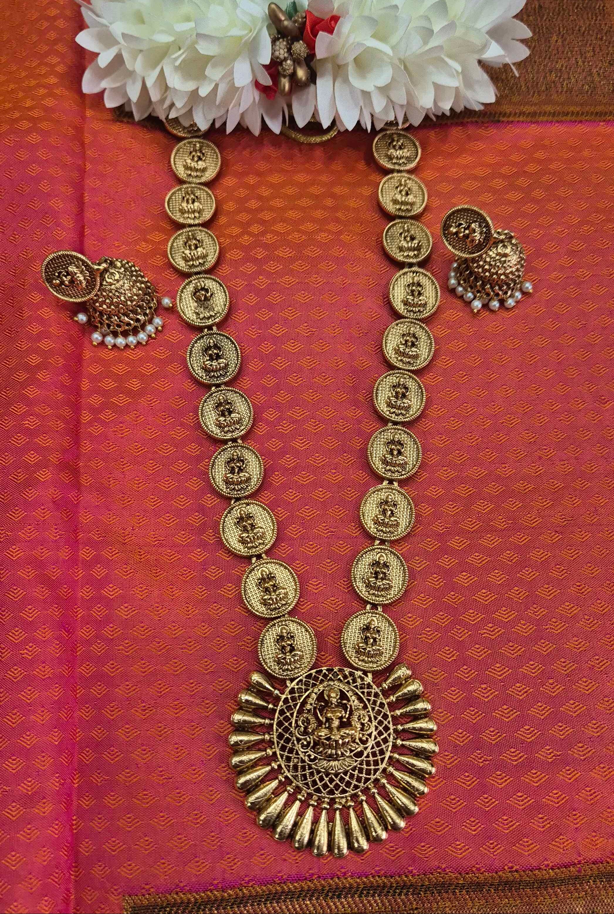 Long Lakshmi Coin Necklace Set with Temple Pendant & Jhumka Earrings | Antique Gold Finish Traditional Jewelry