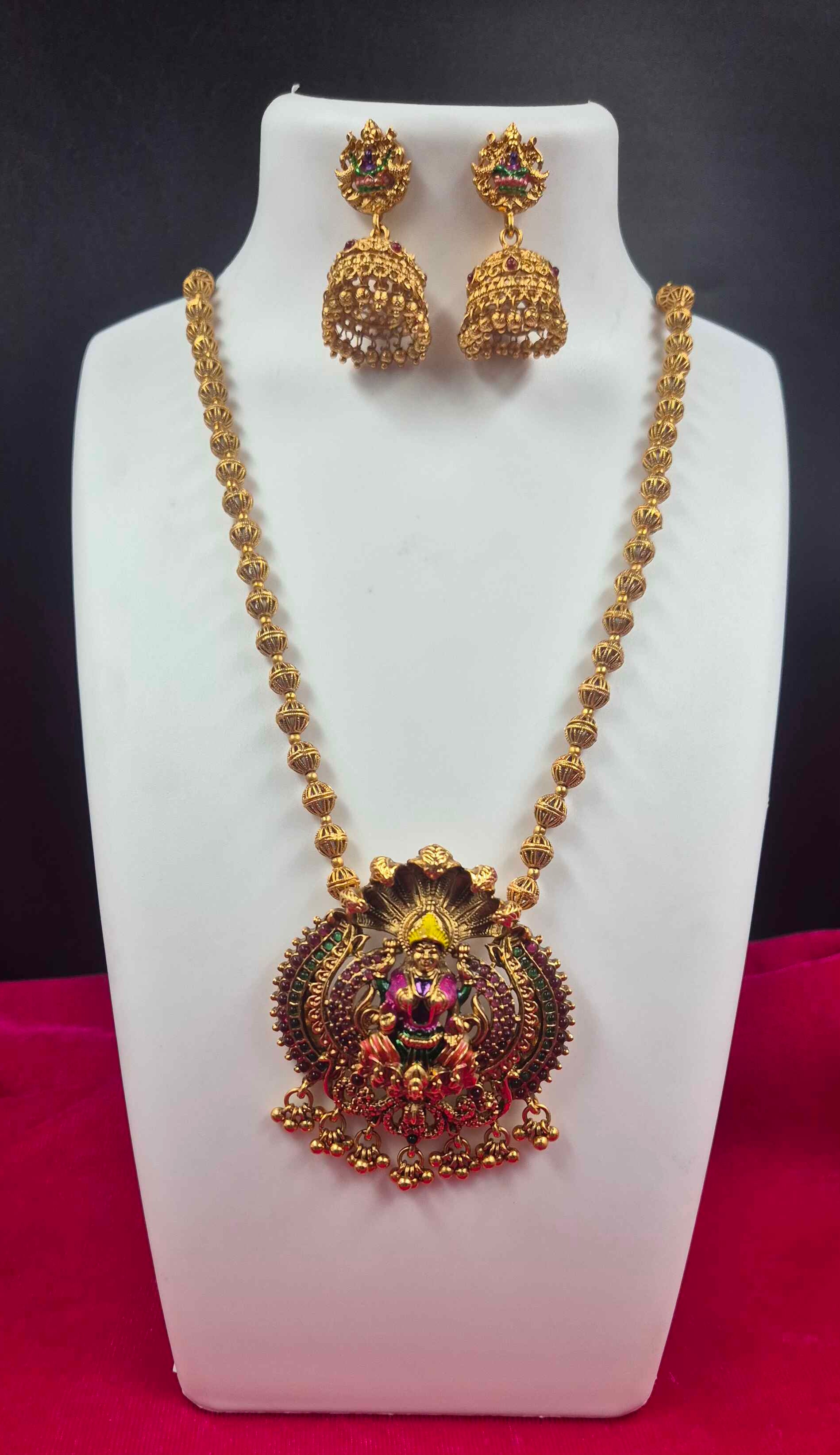 Antique Gold Finish Lakshmi Temple Haram enamel Necklace Set with Jhumka Earrings | Traditional South Indian Jewelry