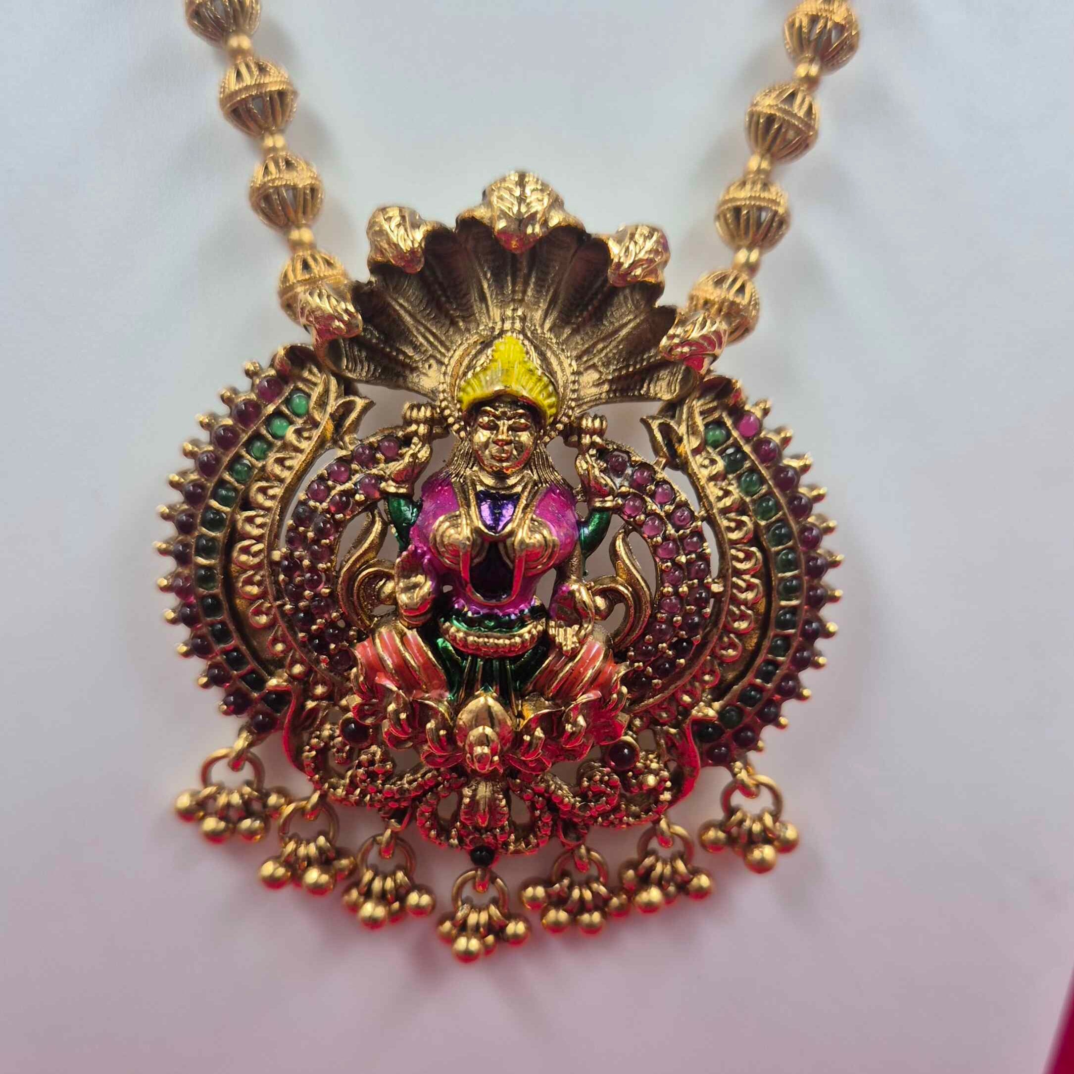 Antique Gold Finish Lakshmi Temple Haram enamel Necklace Set with Jhumka Earrings | Traditional South Indian Jewelry