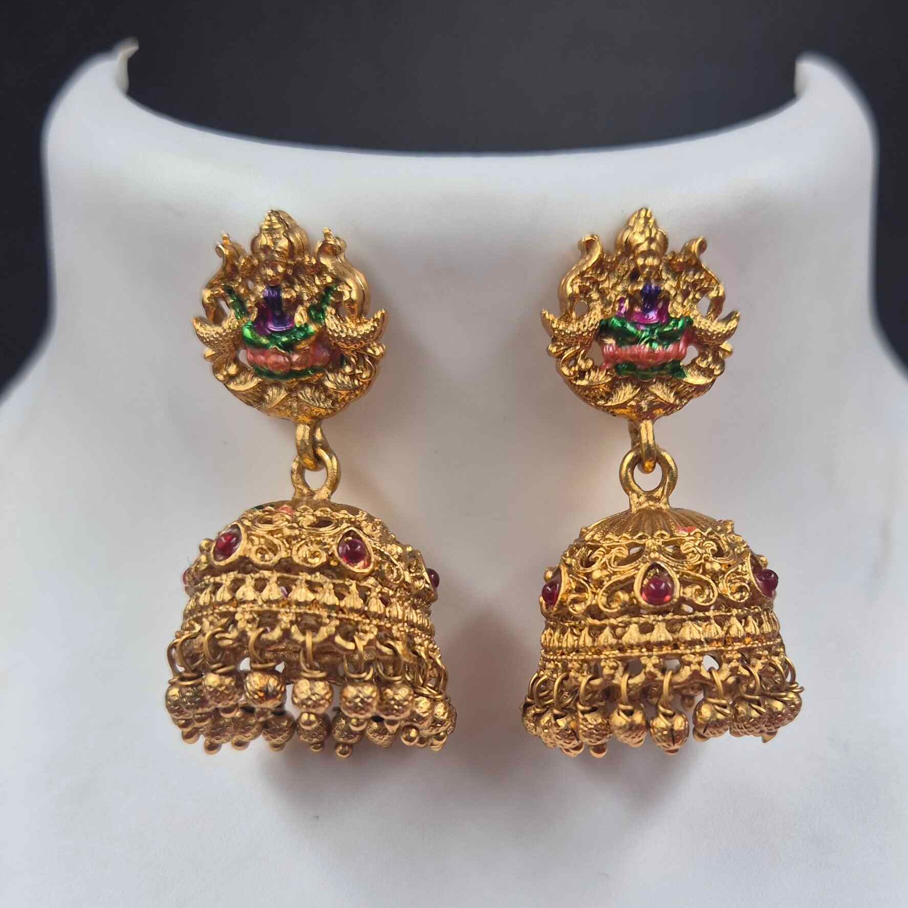 Antique Gold Finish Lakshmi Temple Haram enamel Necklace Set with Jhumka Earrings | Traditional South Indian Jewelry