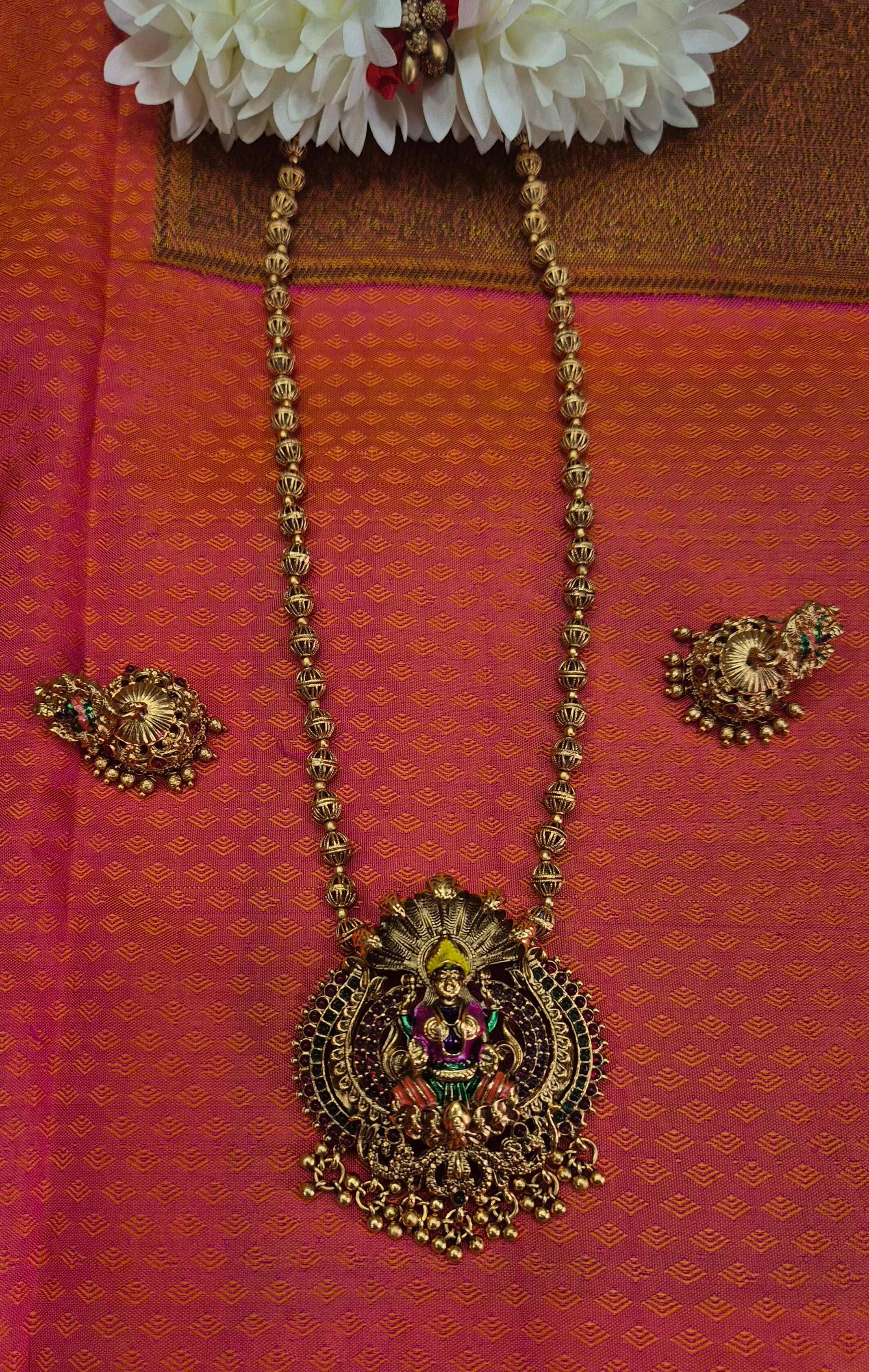 Antique Gold Finish Lakshmi Temple Haram enamel Necklace Set with Jhumka Earrings | Traditional South Indian Jewelry