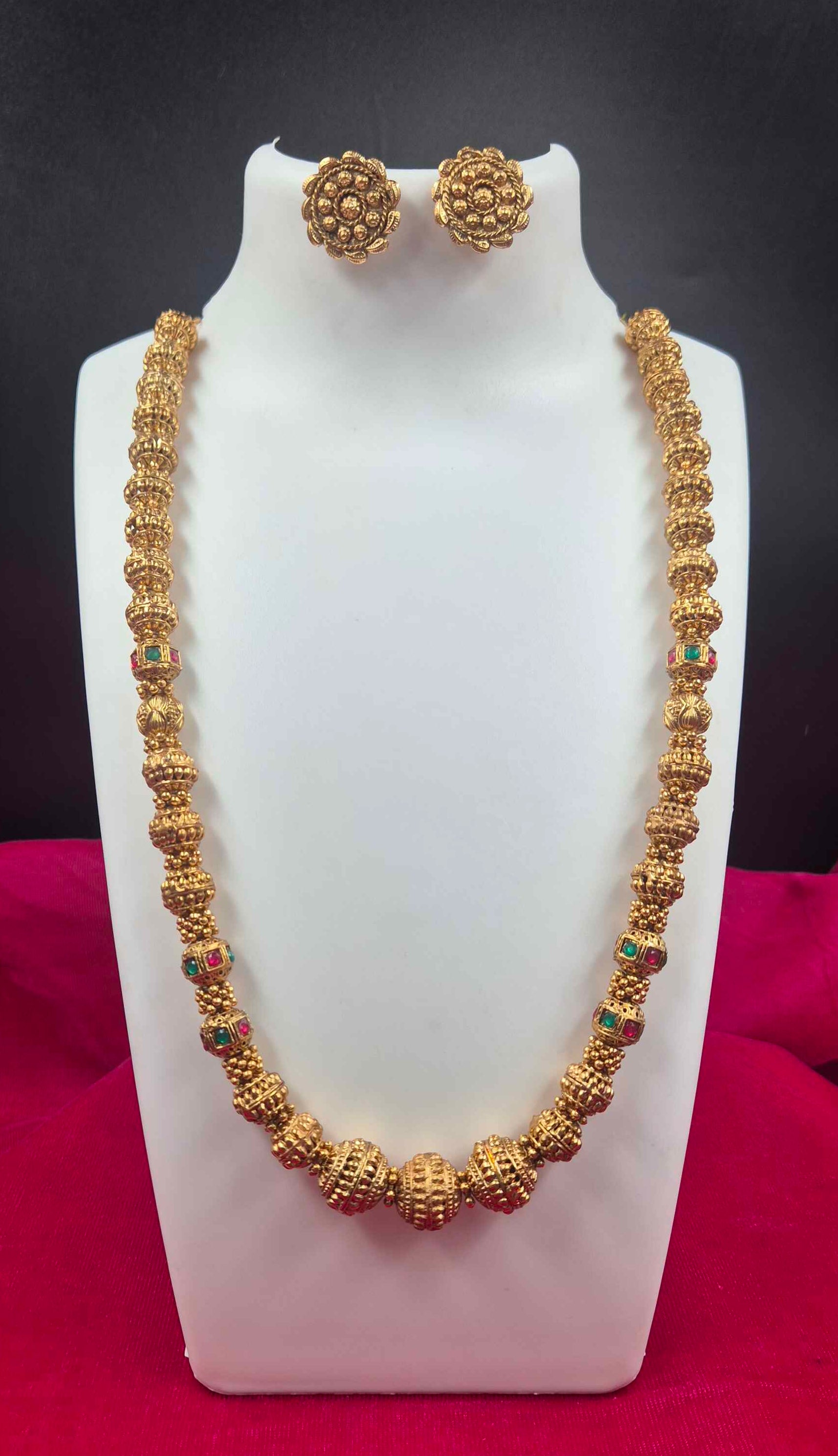 Antique Gold Finish Designer Ball Haram Necklace Set with Ruby & Emerald Stone Accents