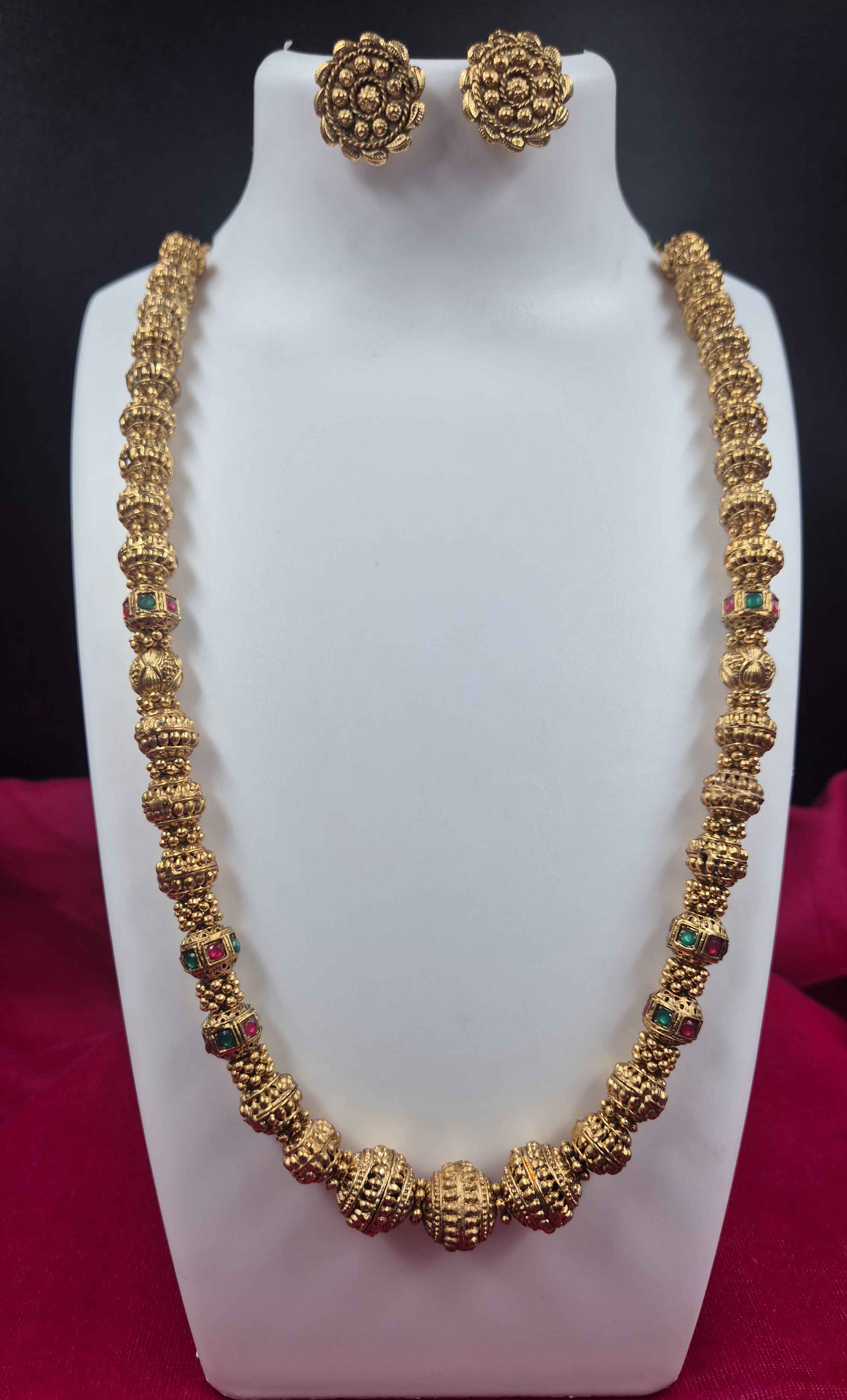Antique Gold Finish Designer Ball Haram Necklace Set with Ruby & Emerald Stone Accents