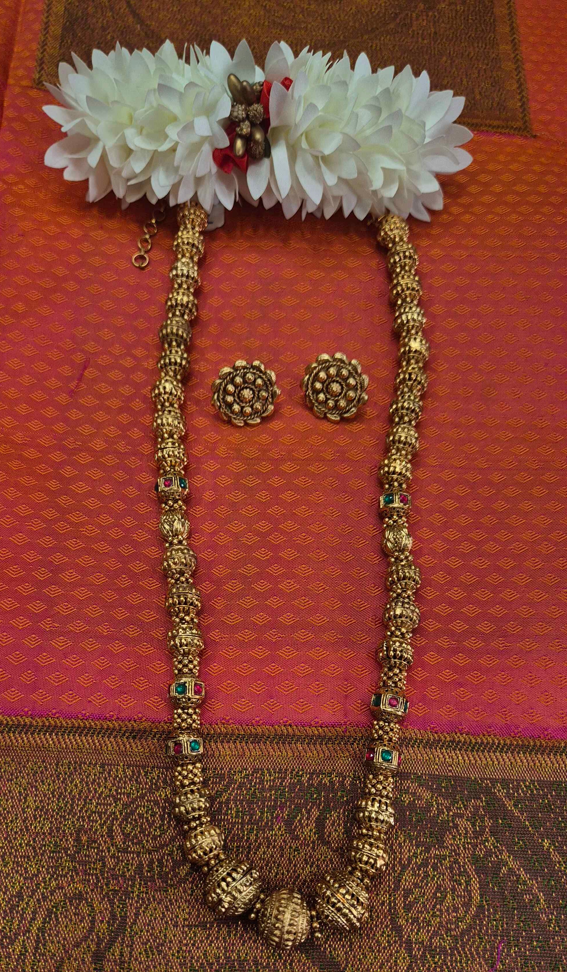 Antique Gold Finish Designer Ball Haram Necklace Set with Ruby & Emerald Stone Accents