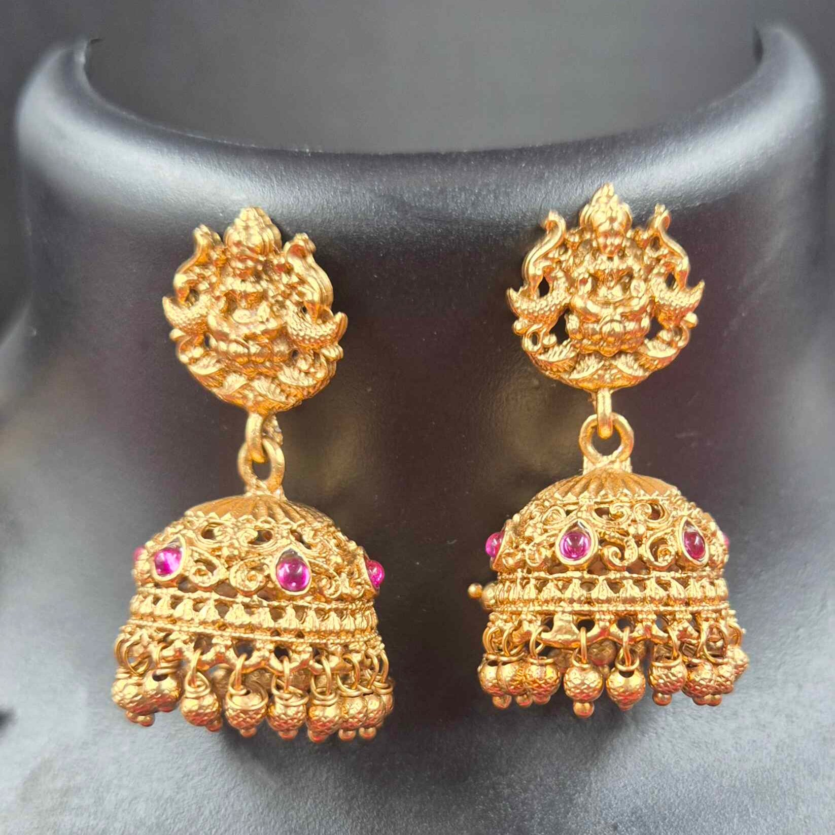 Antique Gold Finish Lakshmi Coin Haram Necklace Set with Ruby Stone Pendant & Pearl Drops