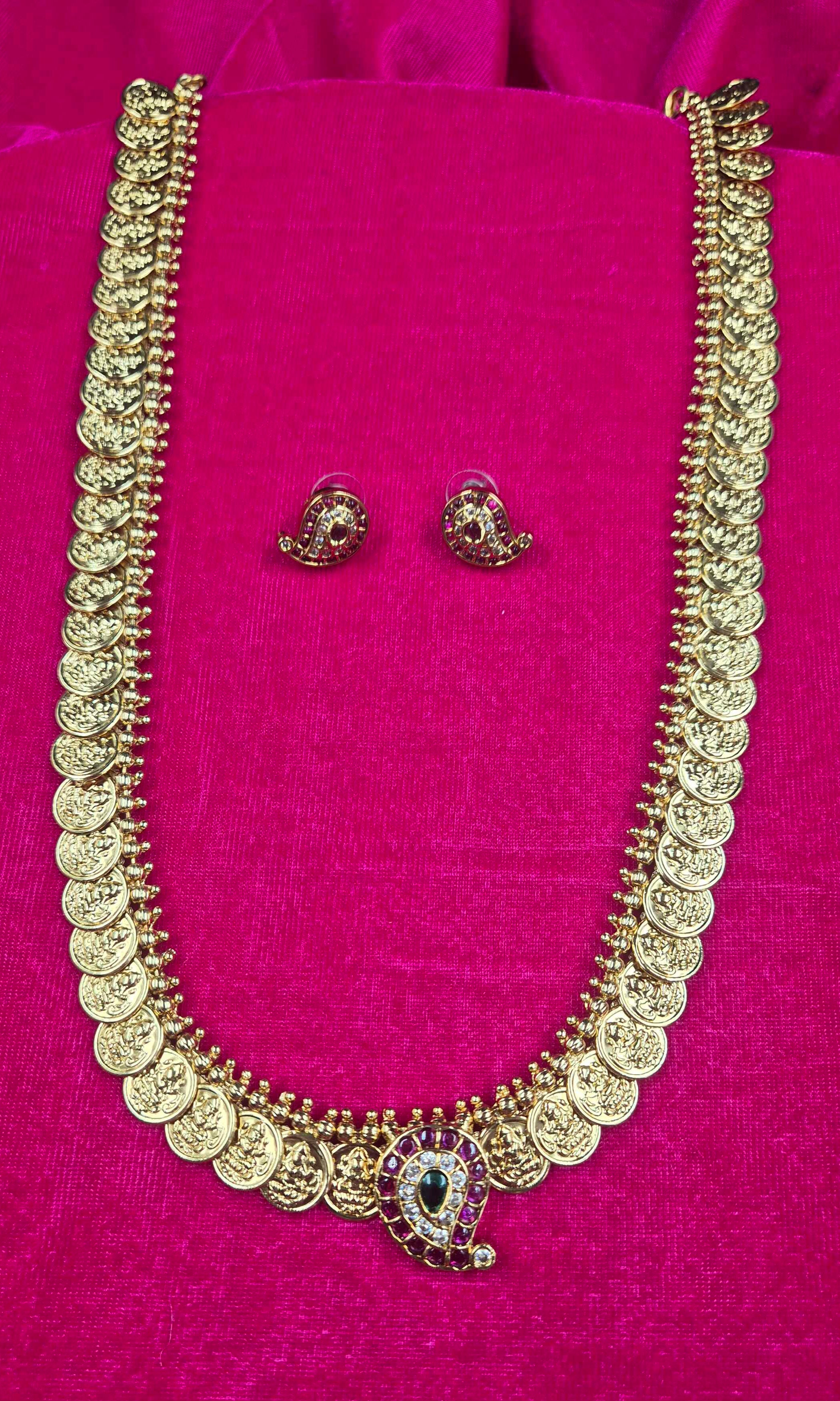 Antique Gold Finish Lakshmi Coin Necklace Set with  mango Pendant | Traditional South Indian Jewelry