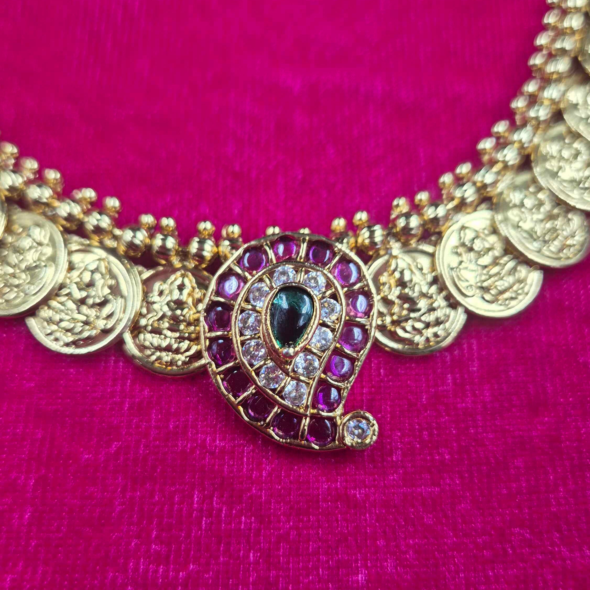 Antique Gold Finish Lakshmi Coin Necklace Set with  mango Pendant | Traditional South Indian Jewelry