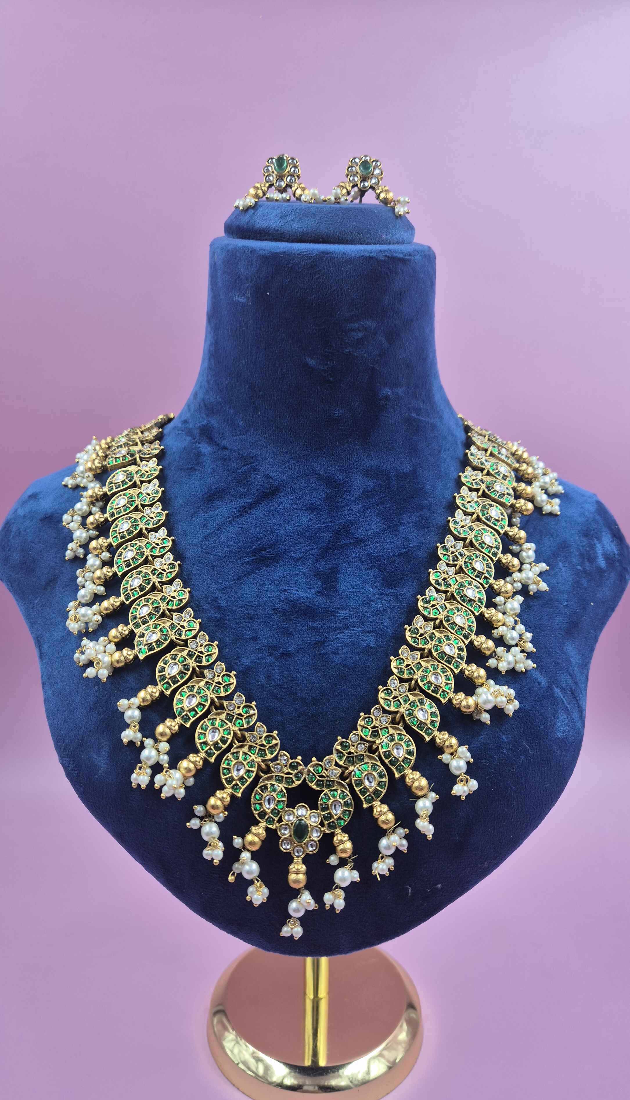 Antique Gold Finish Green Kundan mango haram Set with Pearl Drops | Traditional Bridal Jewelry