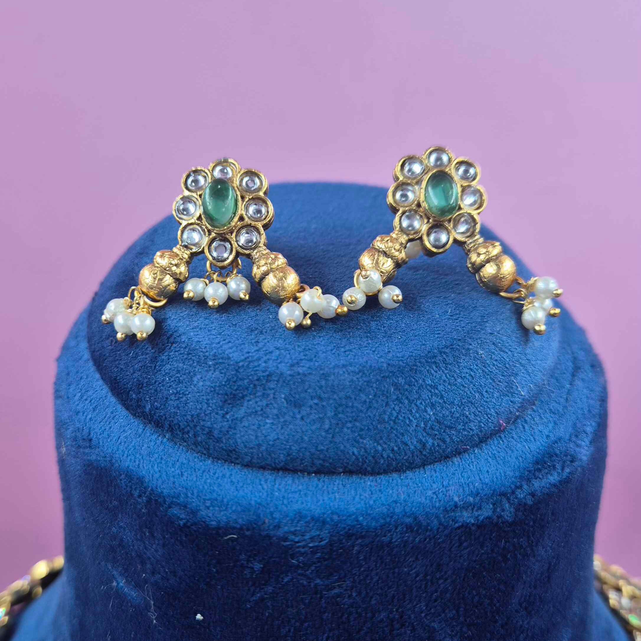 Antique Gold Finish Green Kundan mango haram Set with Pearl Drops | Traditional Bridal Jewelry