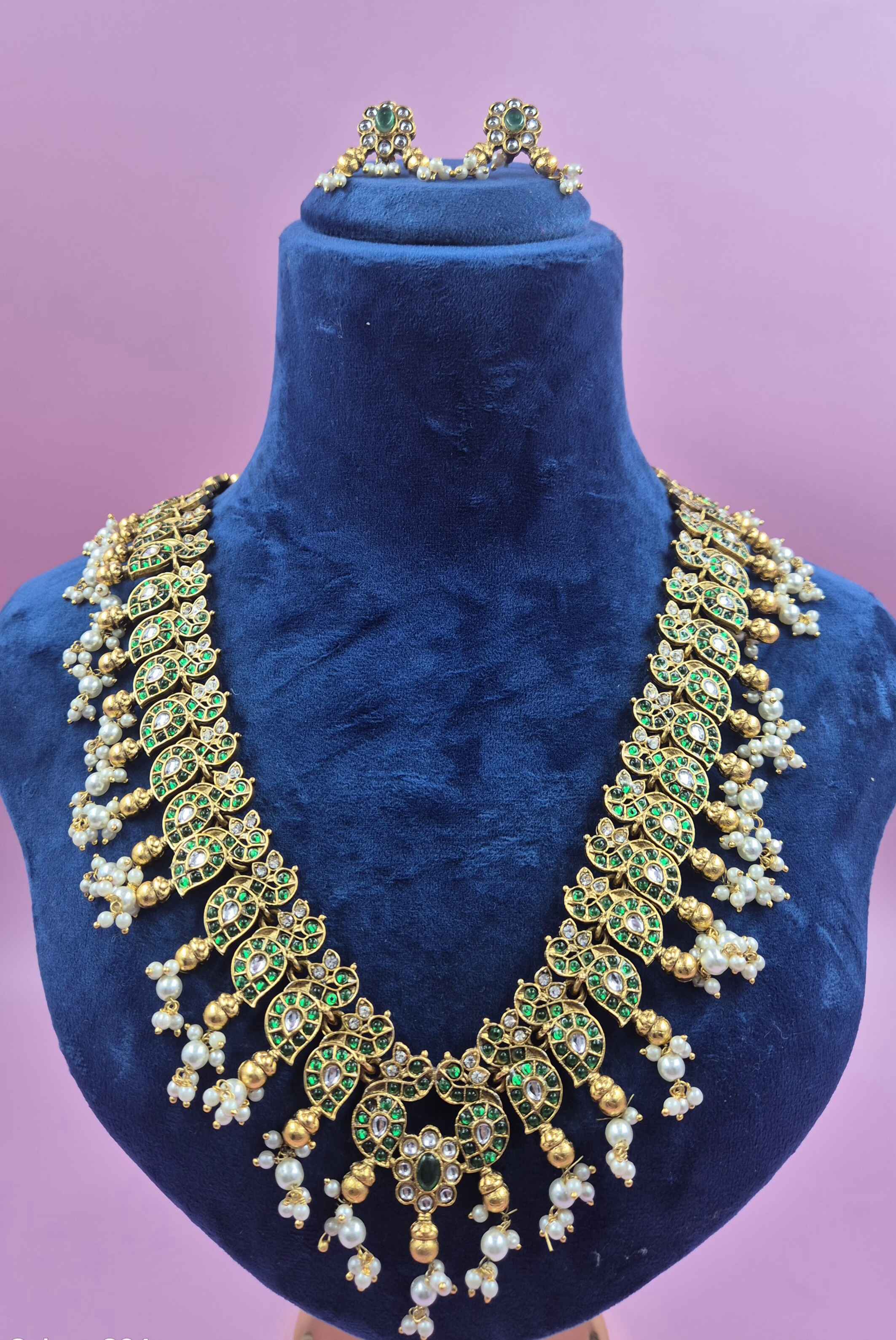 Antique Gold Finish Green Kundan mango haram Set with Pearl Drops | Traditional Bridal Jewelry