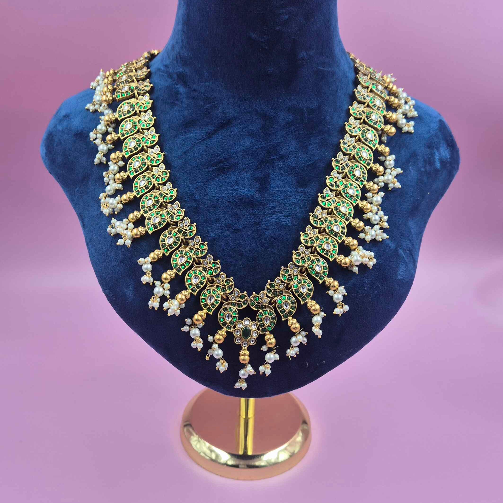 Antique Gold Finish Green Kundan mango haram Set with Pearl Drops | Traditional Bridal Jewelry