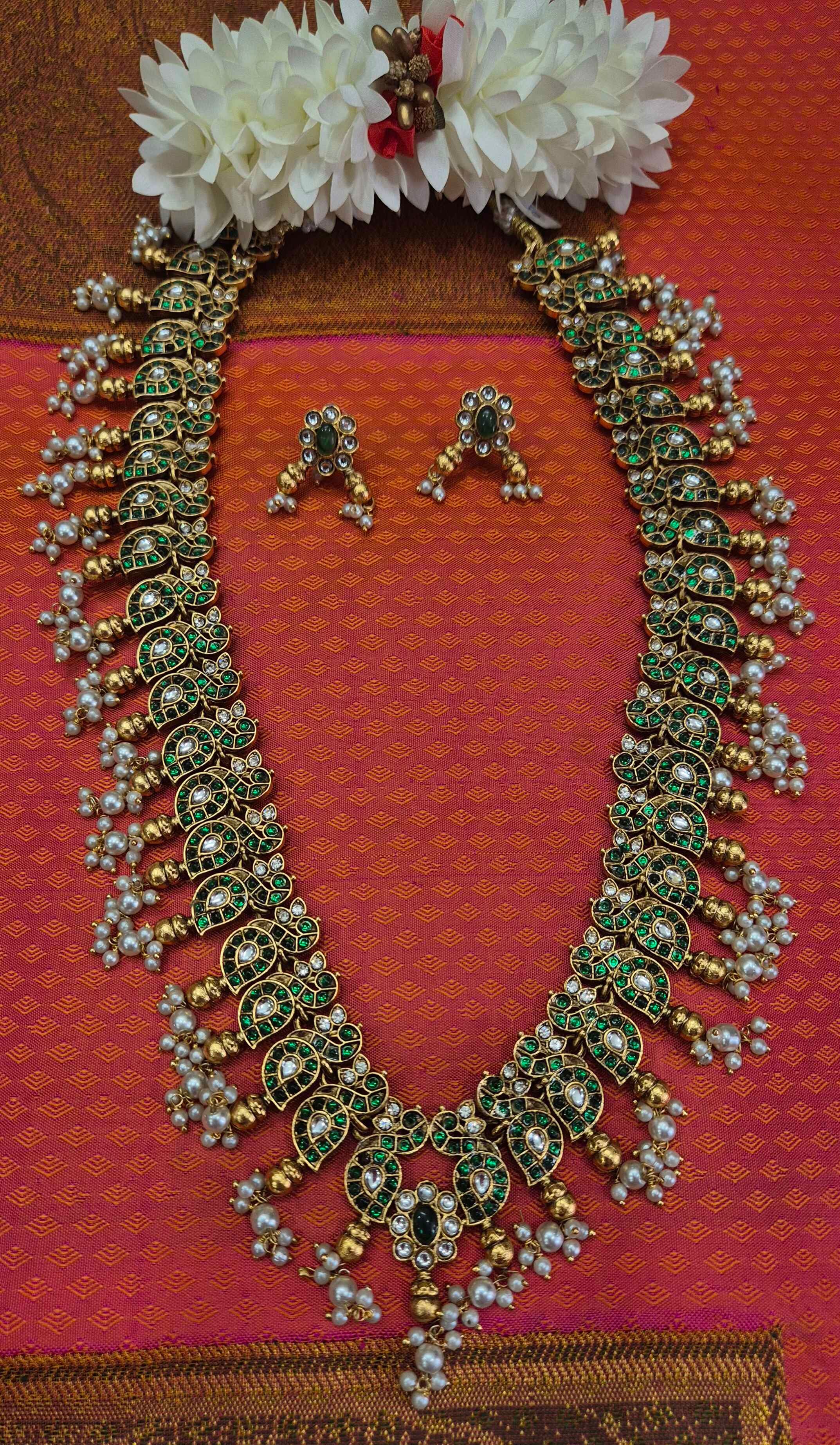 Antique Gold Finish Green Kundan mango haram Set with Pearl Drops | Traditional Bridal Jewelry