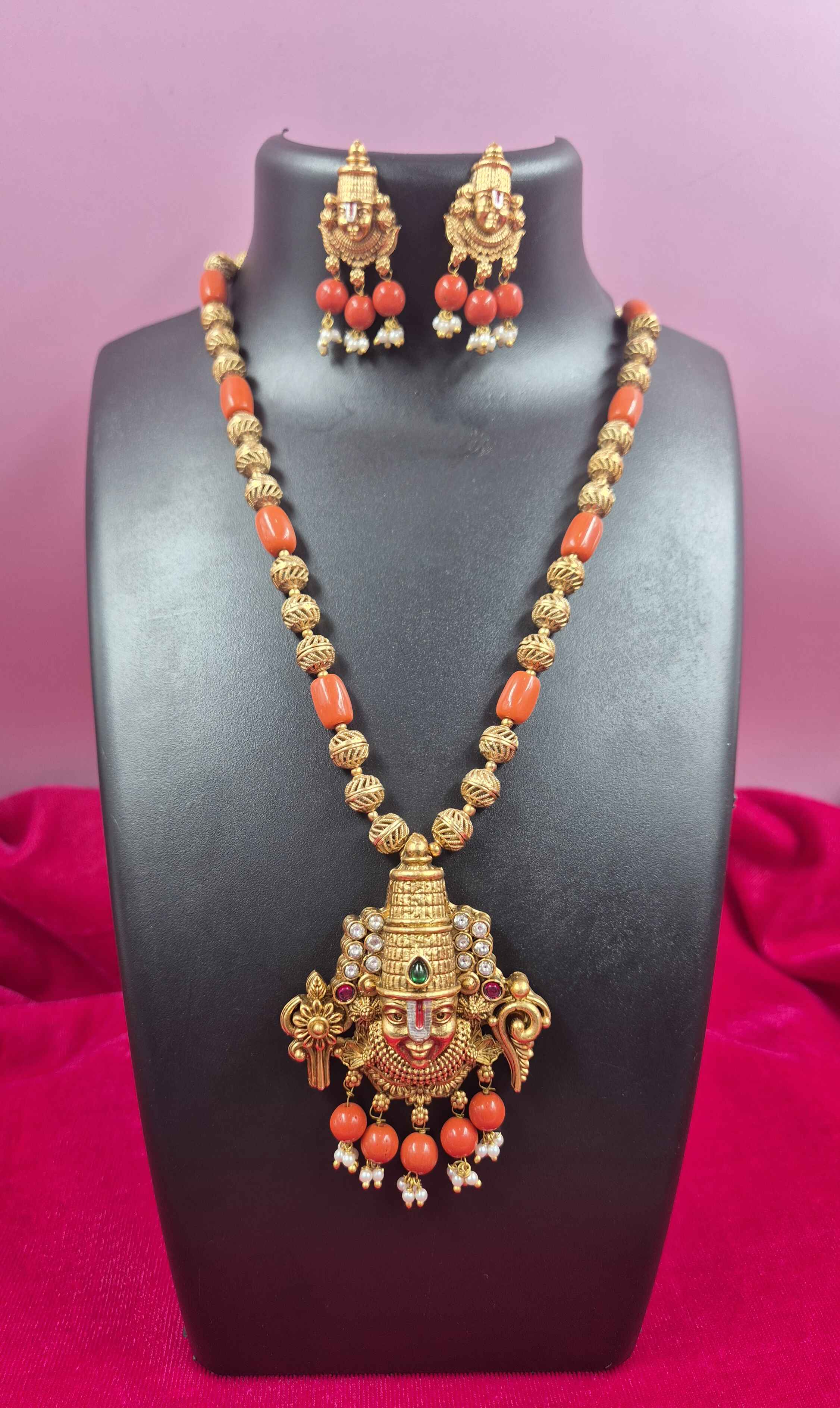 Antique Gold Finish Balaji/Srinivasa face Pendant haram Set with Coral orange Beads & Matching Earrings