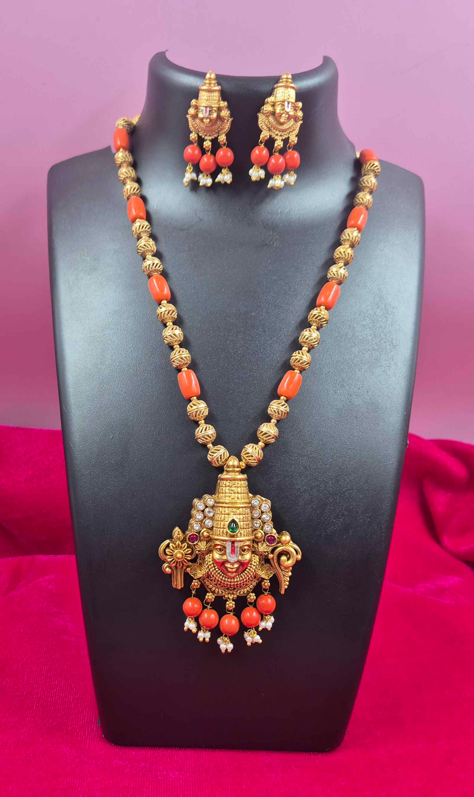 Antique Gold Finish Balaji/Srinivasa face Pendant haram Set with Coral orange Beads & Matching Earrings