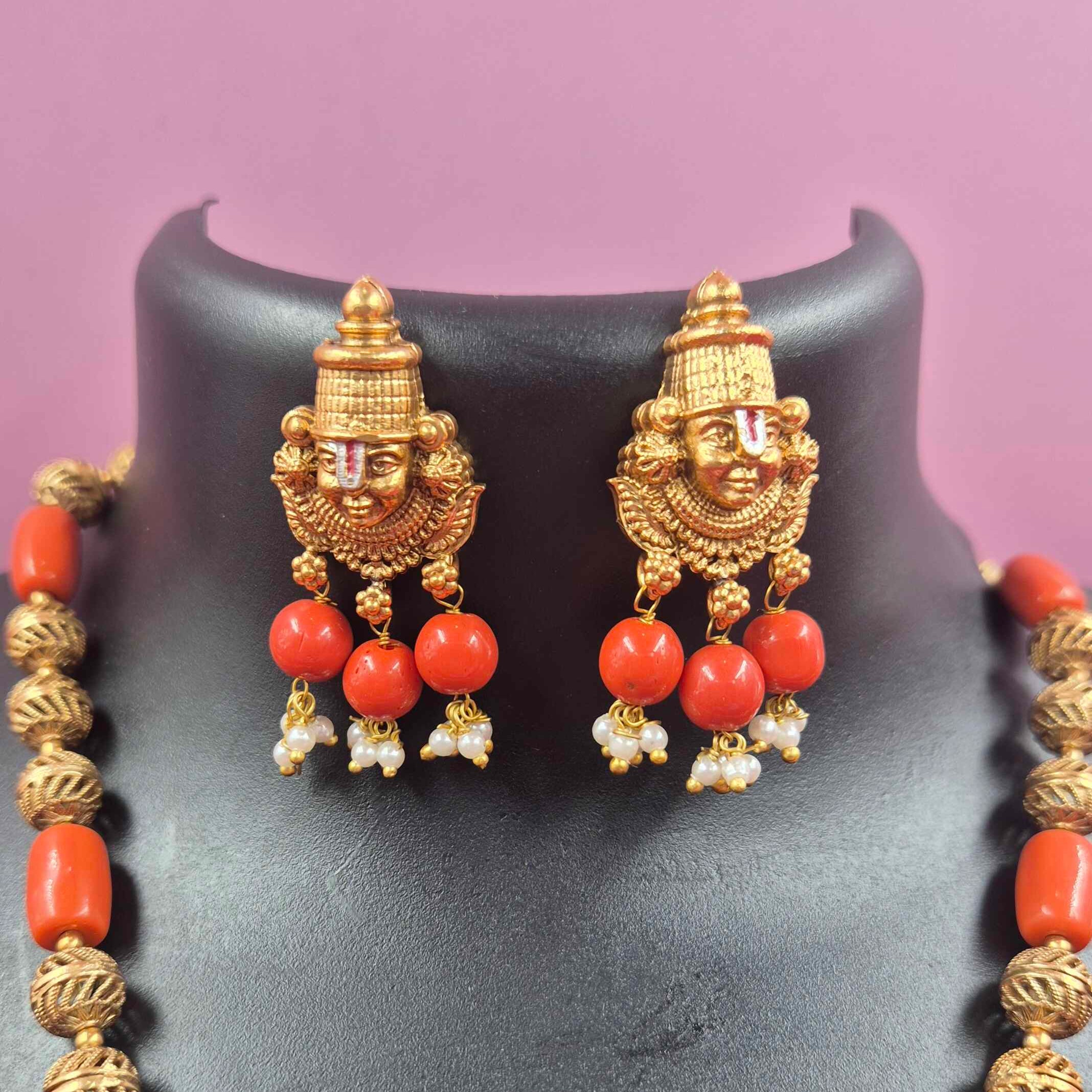 Antique Gold Finish Balaji/Srinivasa face Pendant haram Set with Coral orange Beads & Matching Earrings