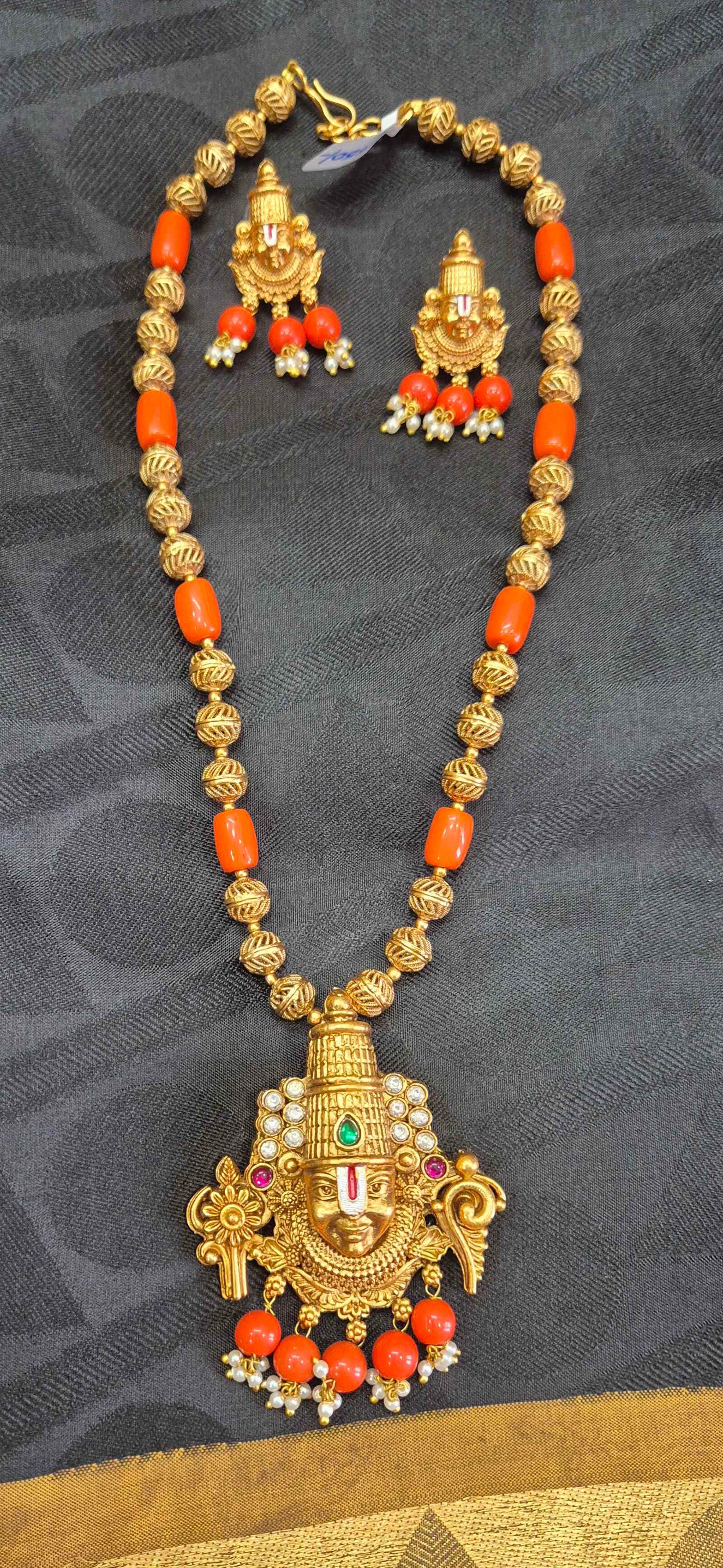Antique Gold Finish Balaji/Srinivasa face Pendant haram Set with Coral orange Beads & Matching Earrings