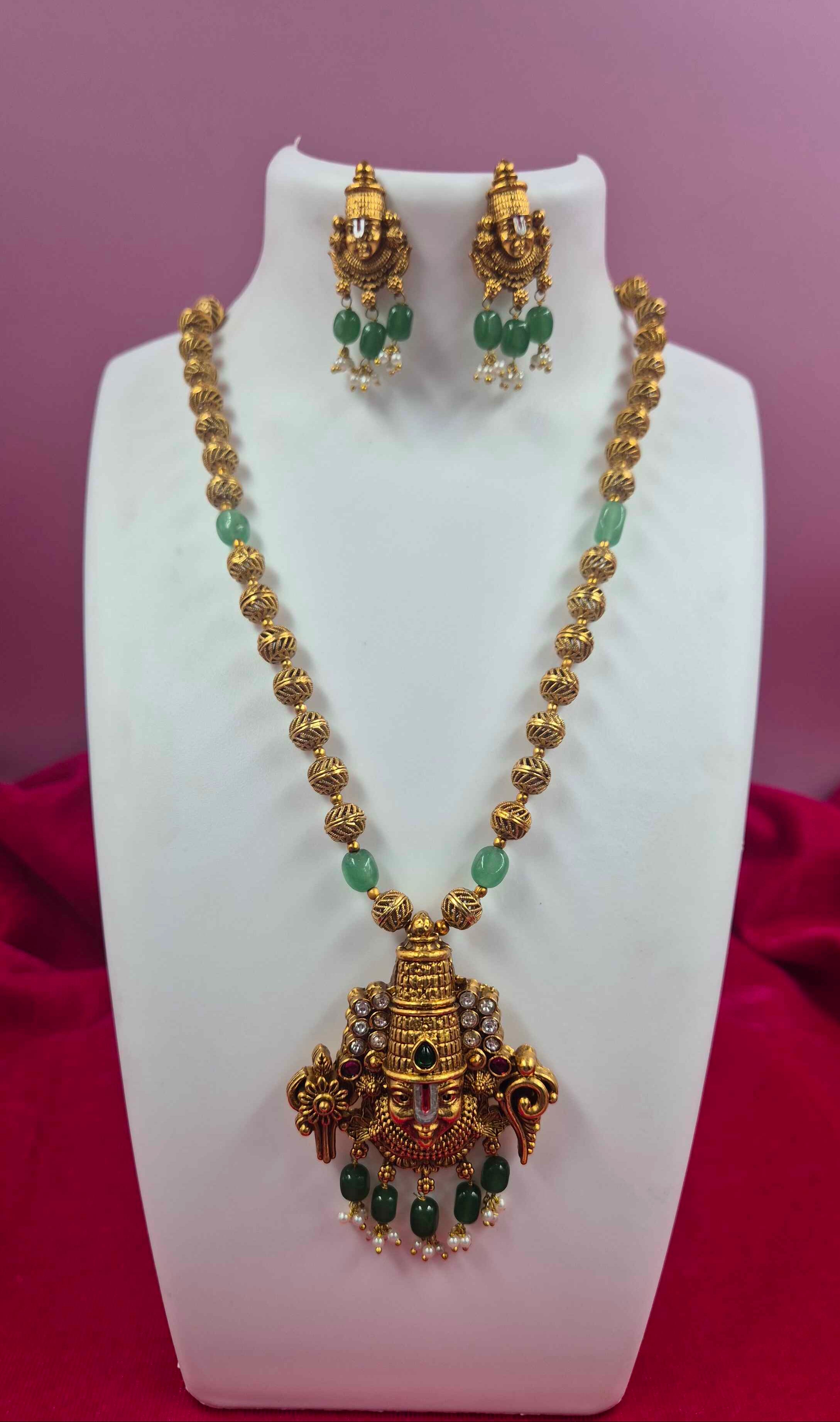 Antique Gold Finish Balaji /Venkateshwara face Pendantharam Set with Green coral Beads | Traditional Temple Jewelry