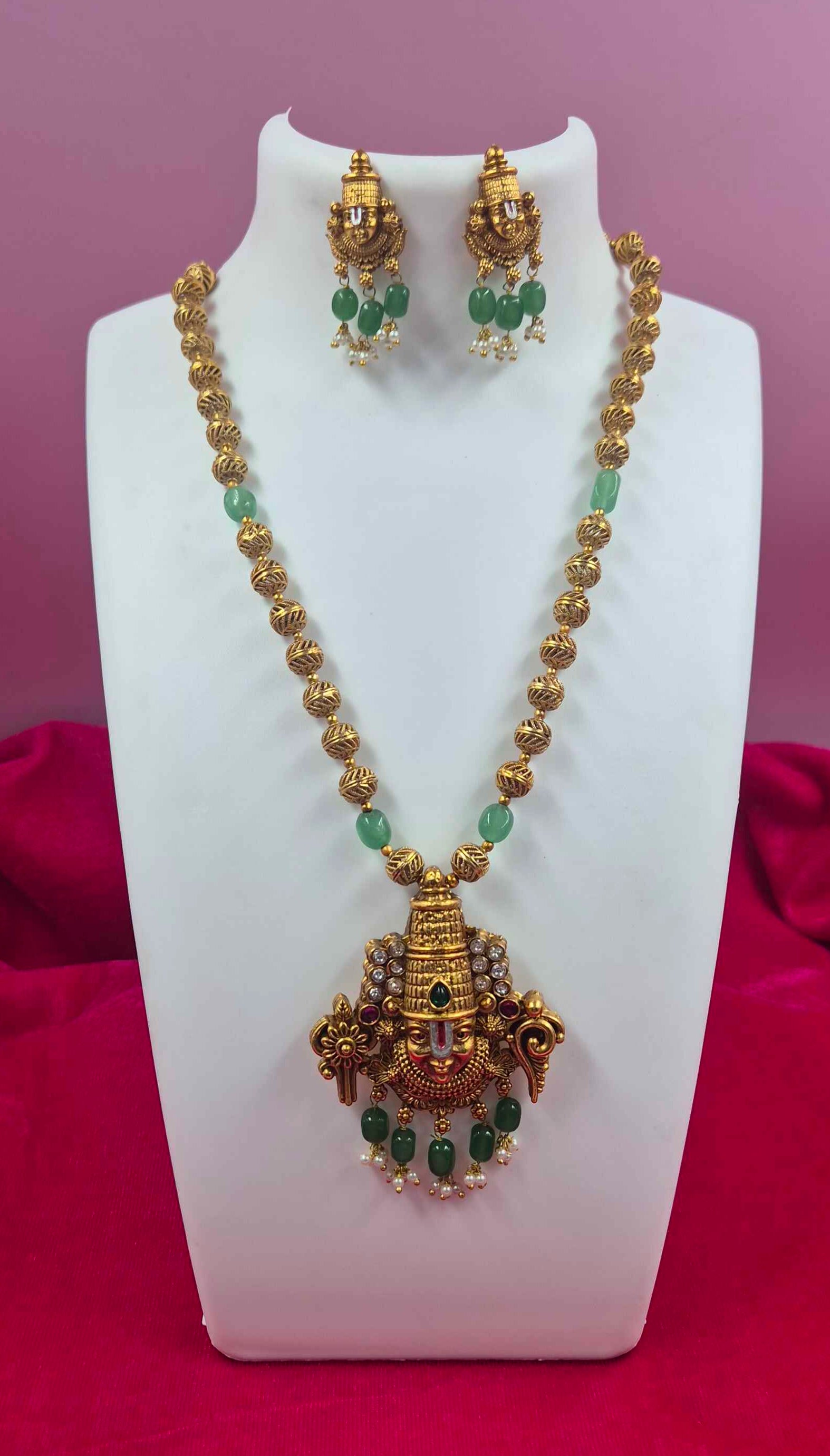 Antique Gold Finish Balaji /Venkateshwara face Pendantharam Set with Green coral Beads | Traditional Temple Jewelry