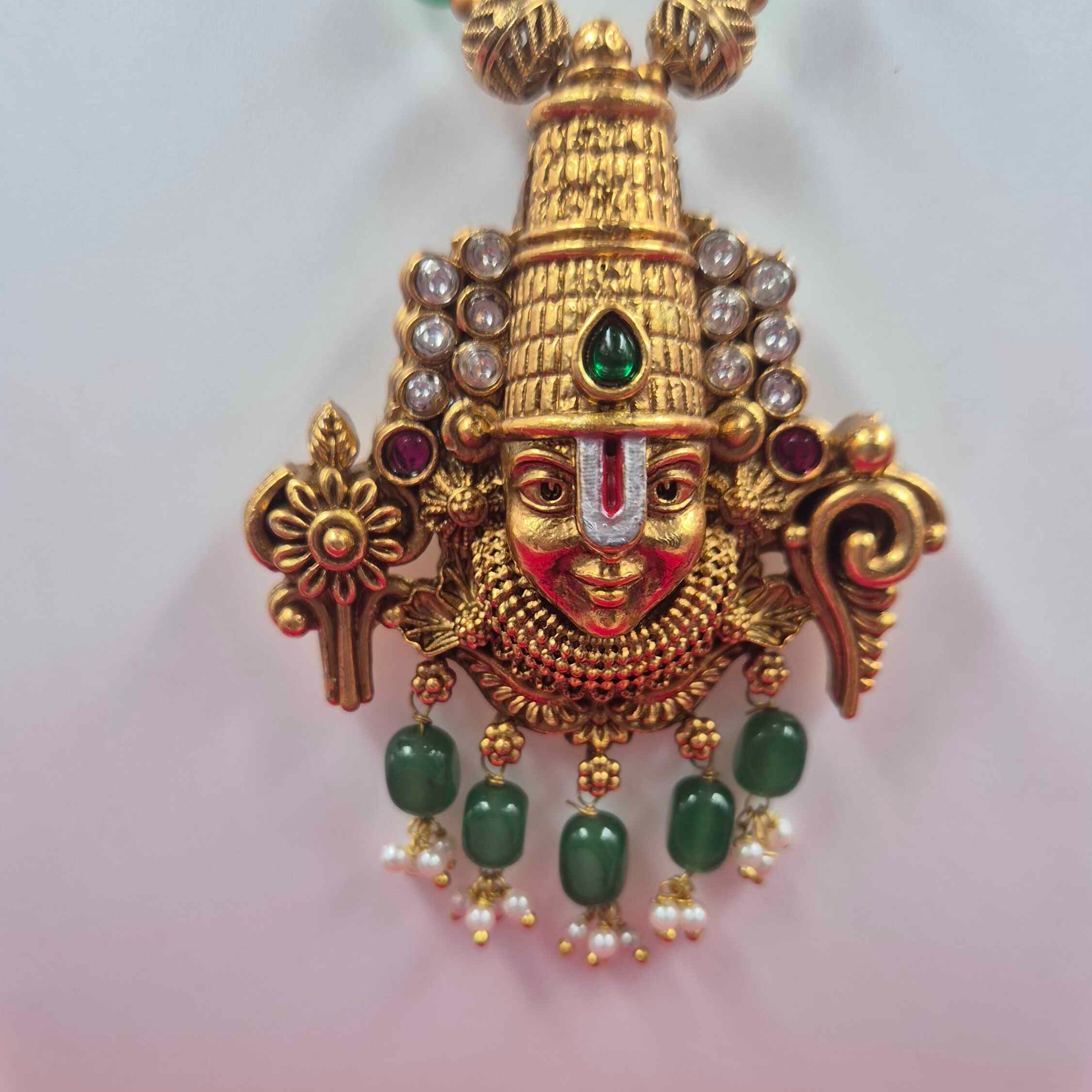 Antique Gold Finish Balaji /Venkateshwara face Pendantharam Set with Green coral Beads | Traditional Temple Jewelry