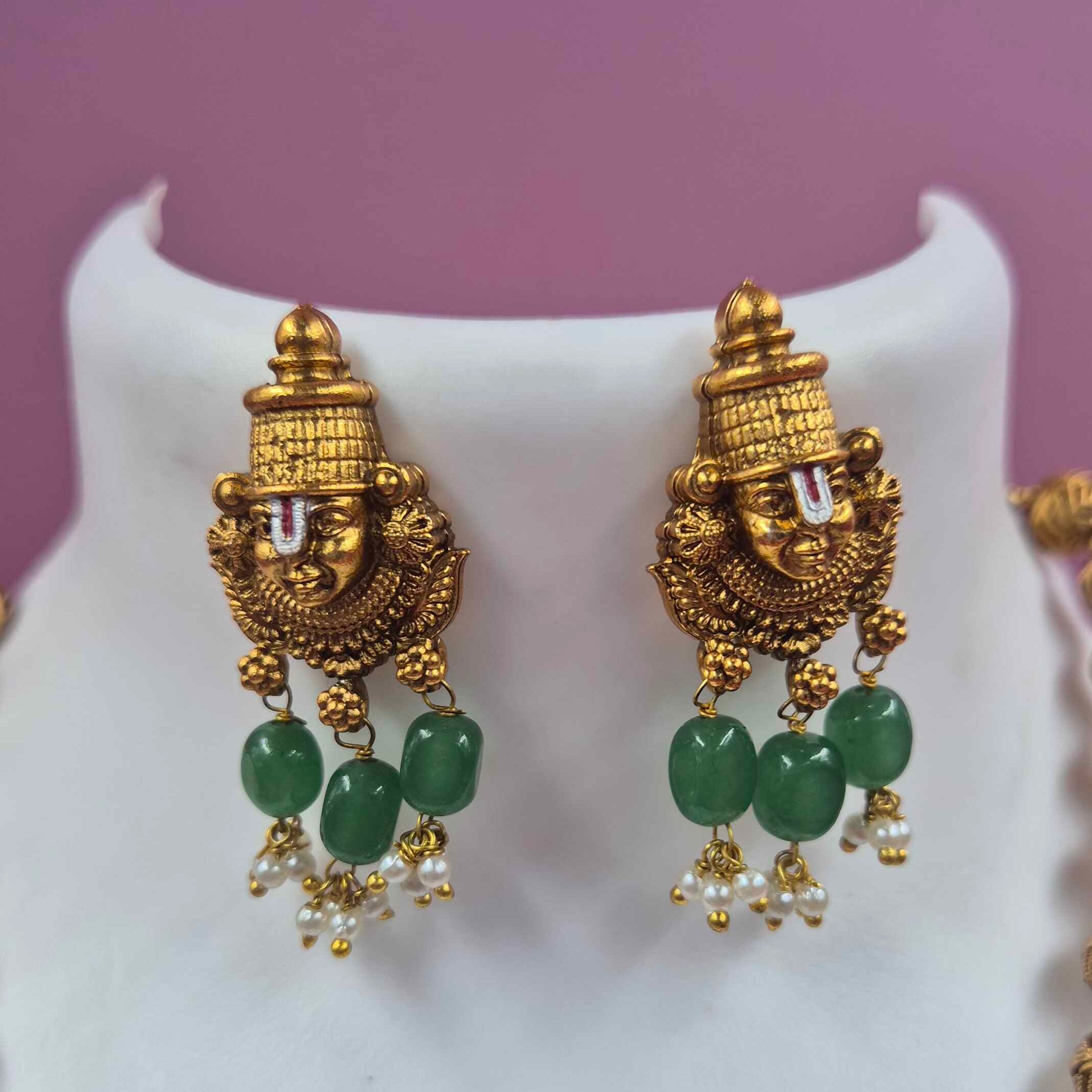Antique Gold Finish Balaji /Venkateshwara face Pendantharam Set with Green coral Beads | Traditional Temple Jewelry