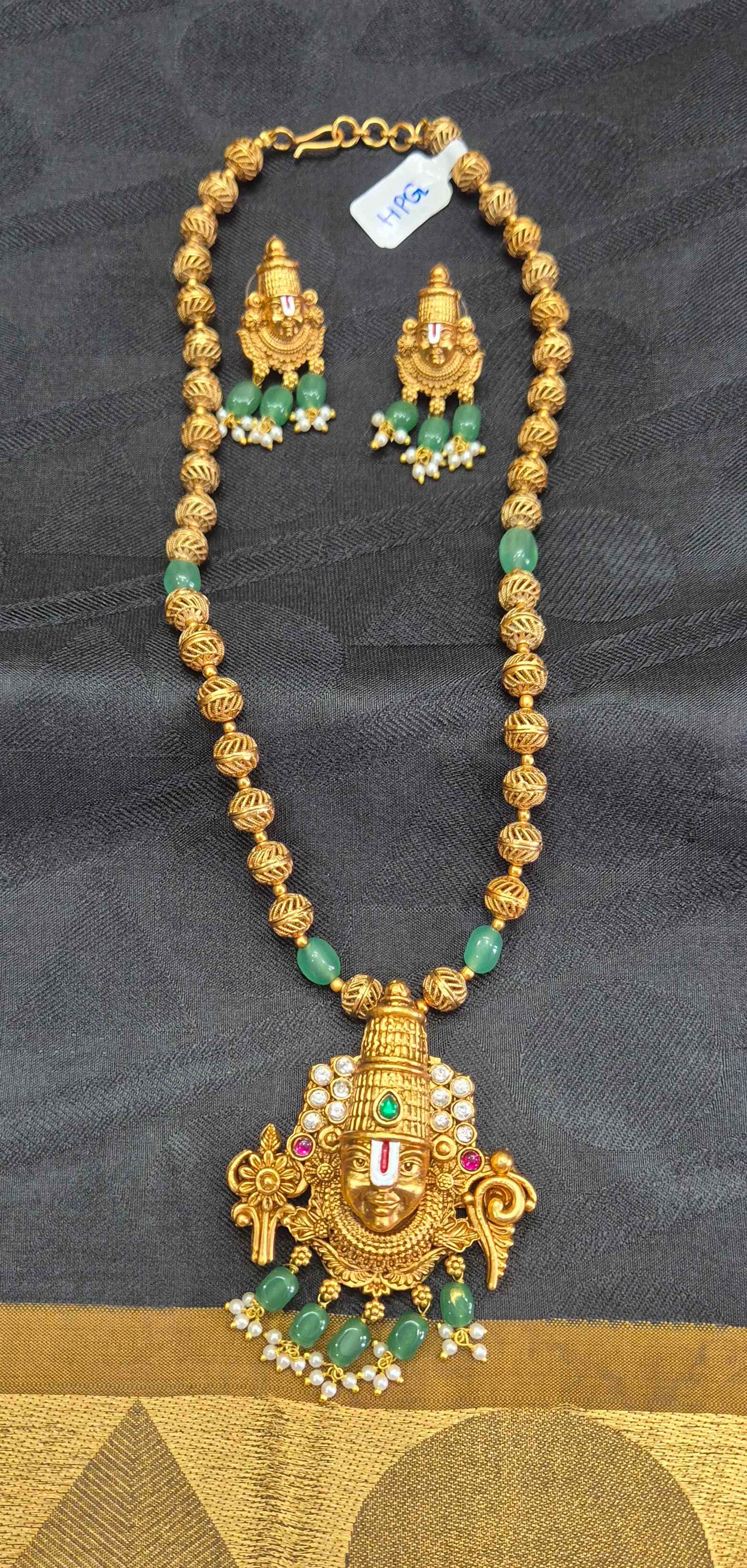 Antique Gold Finish Balaji /Venkateshwara face Pendantharam Set with Green coral Beads | Traditional Temple Jewelry