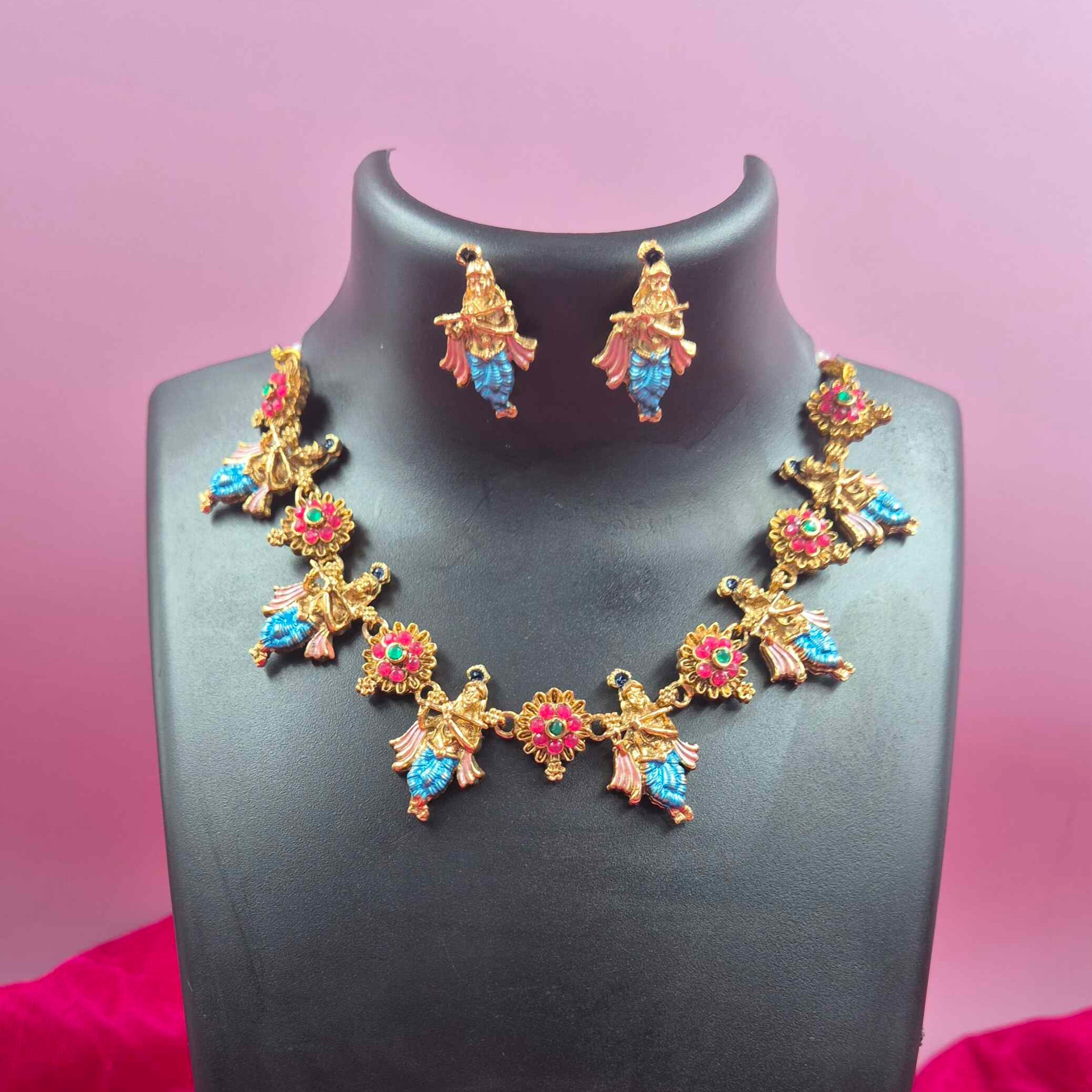 Antique Gold Finish Krishna Flute Necklace Set with blue Meenakari Work | Traditional Designer Jewelry