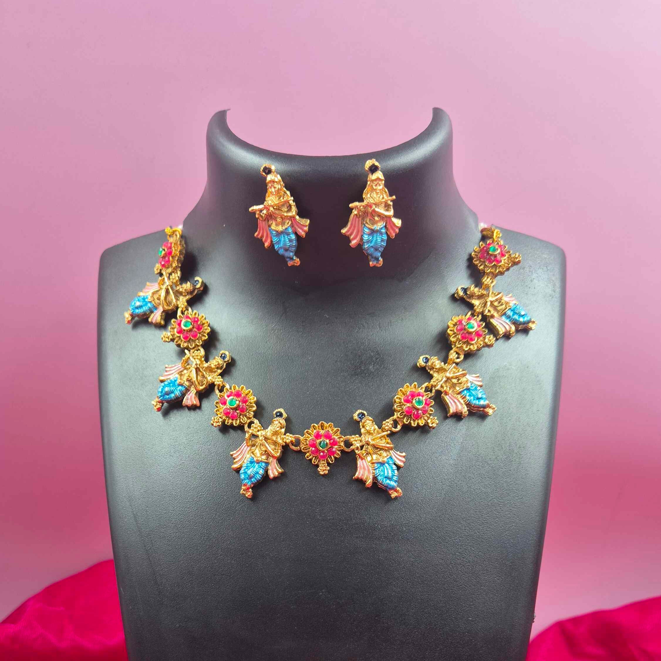 Antique Gold Finish Krishna Flute Necklace Set with blue Meenakari Work | Traditional Designer Jewelry