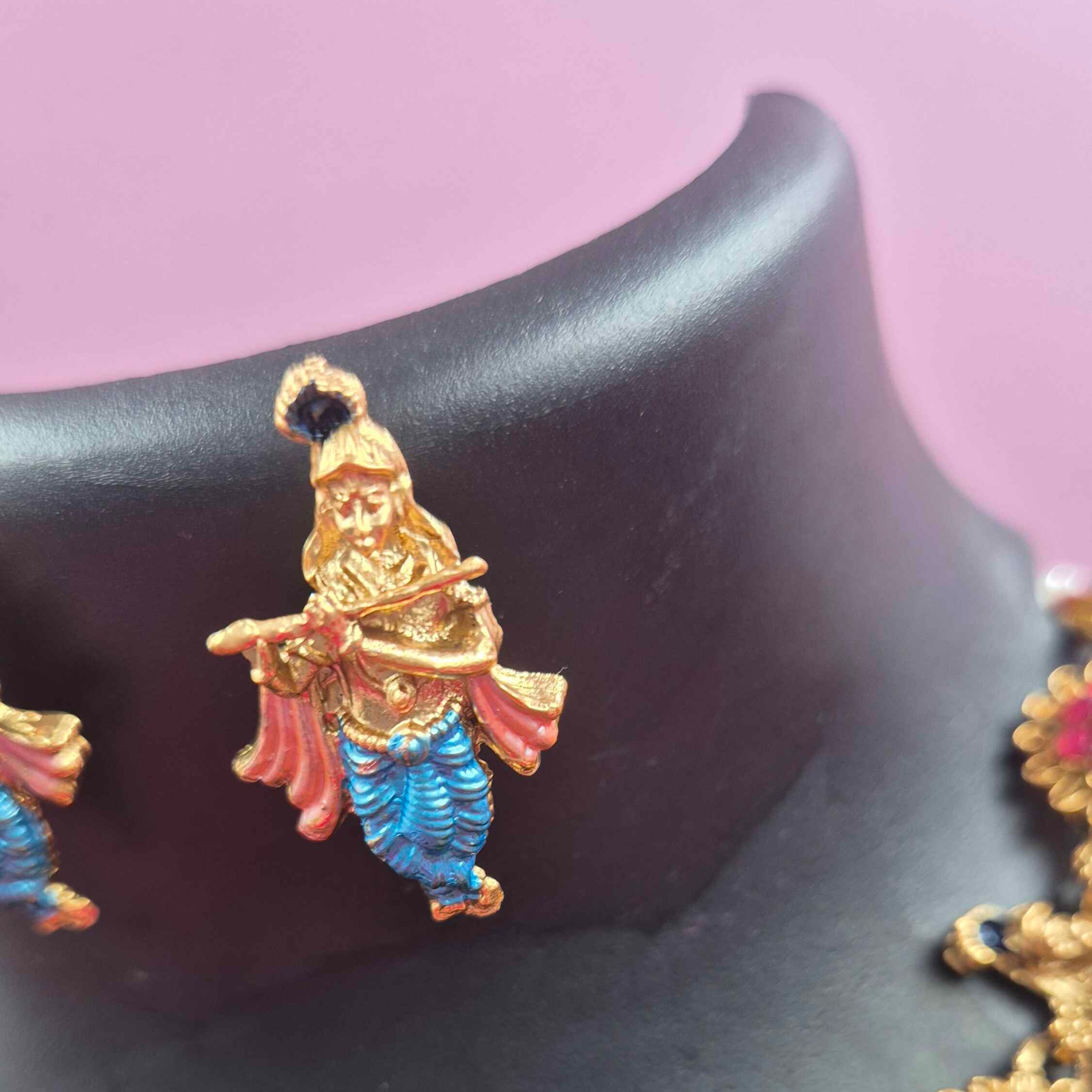 Antique Gold Finish Krishna Flute Necklace Set with blue Meenakari Work | Traditional Designer Jewelry