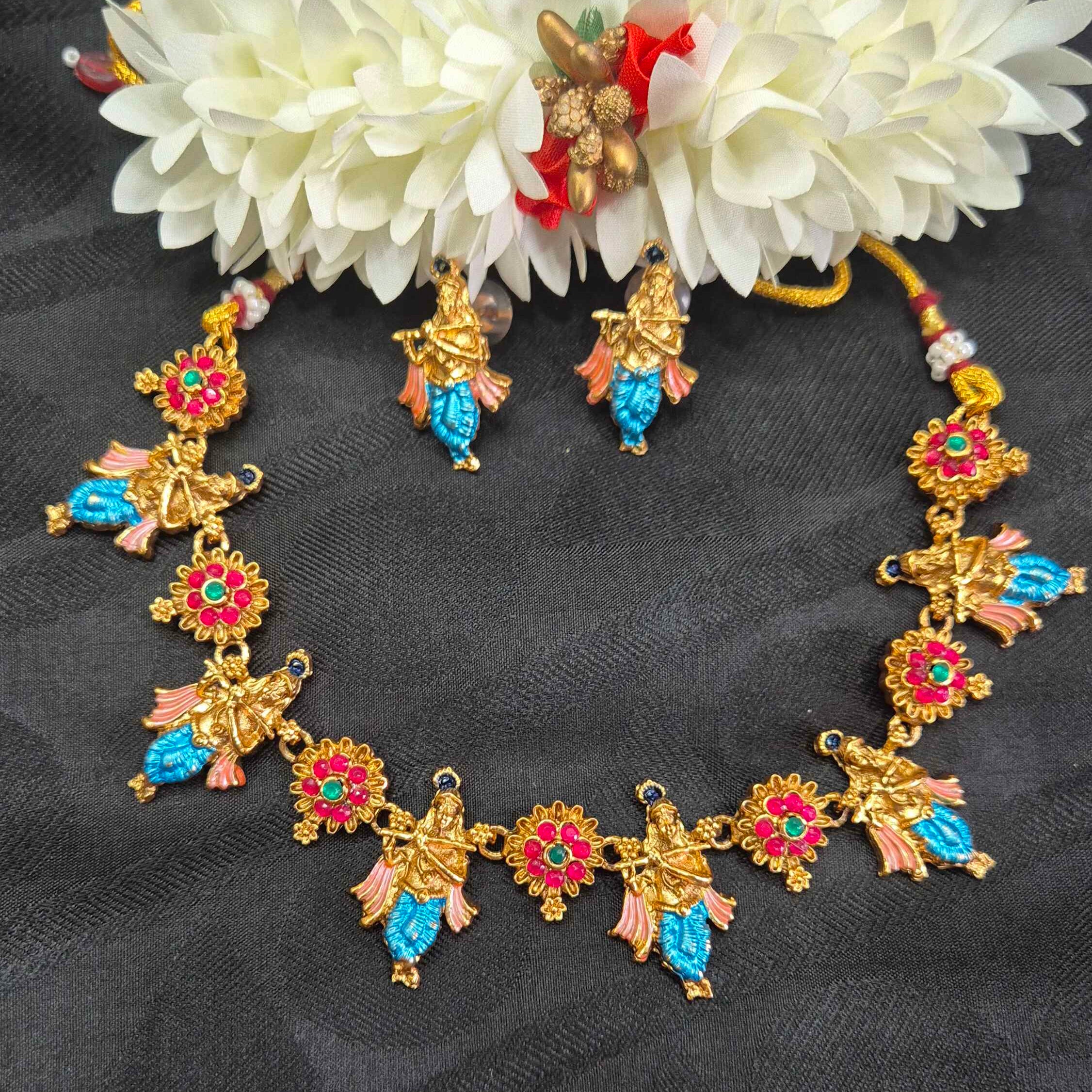 Antique Gold Finish Krishna Flute Necklace Set with blue Meenakari Work | Traditional Designer Jewelry