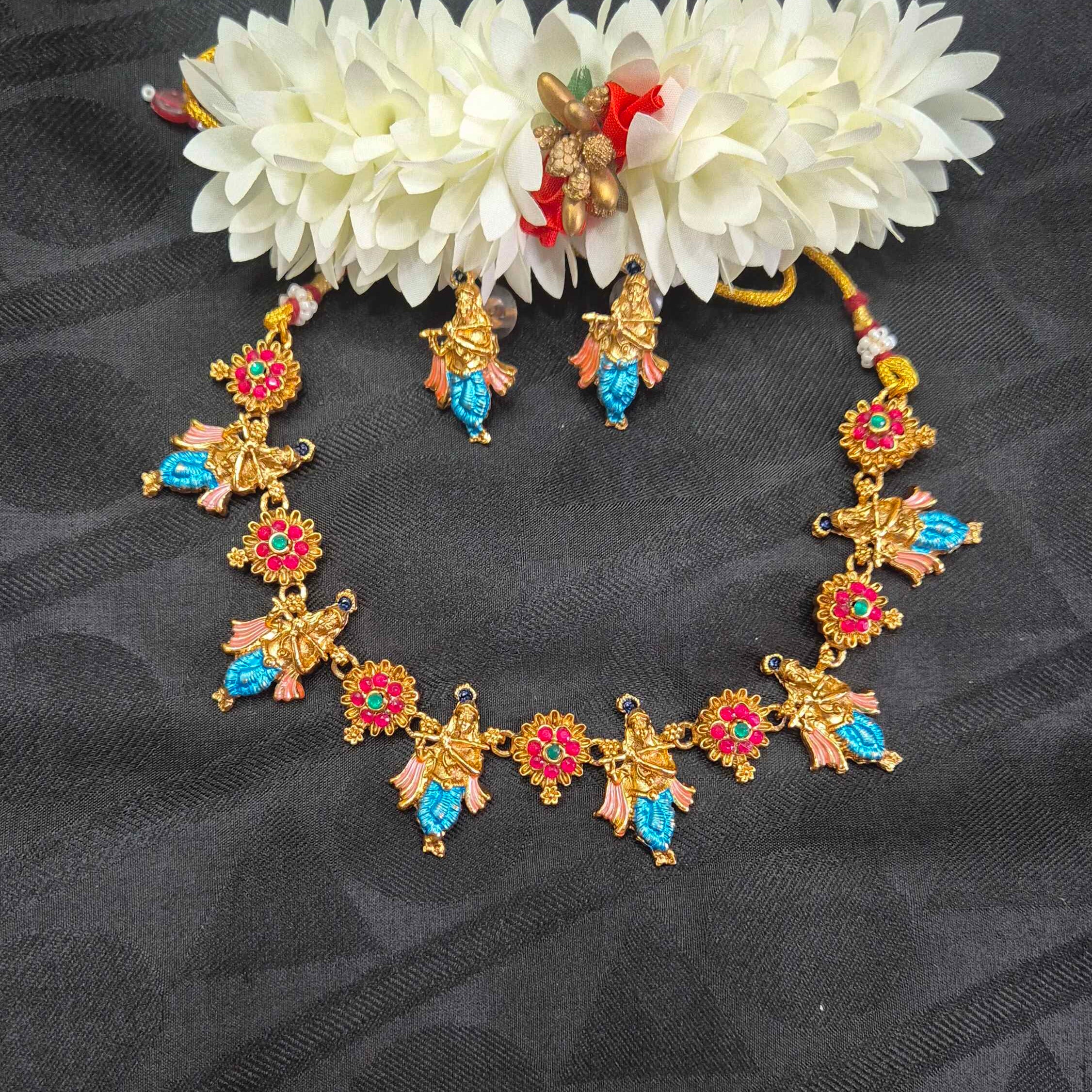Antique Gold Finish Krishna Flute Necklace Set with blue Meenakari Work | Traditional Designer Jewelry