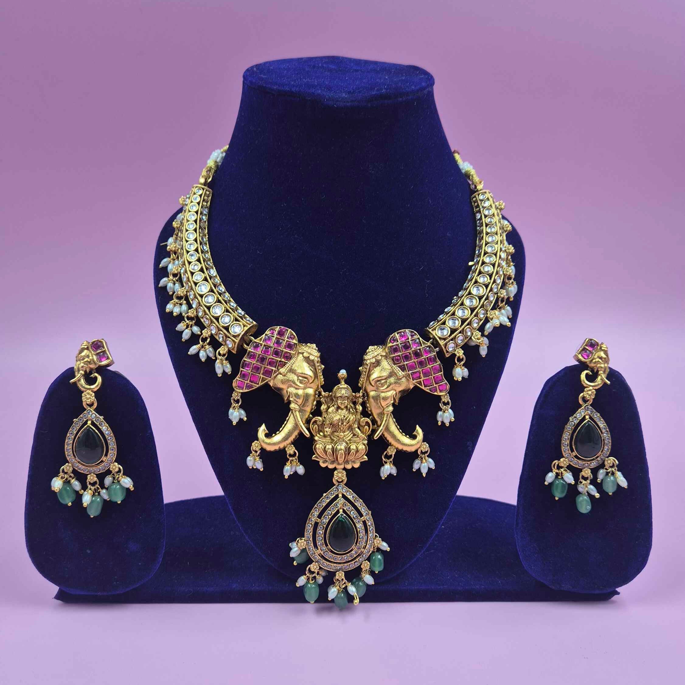 Antique Gold Finish Lakshmi Elephant Choker Necklace Set with Green Stone Drops | Temple Bridal Jewelry