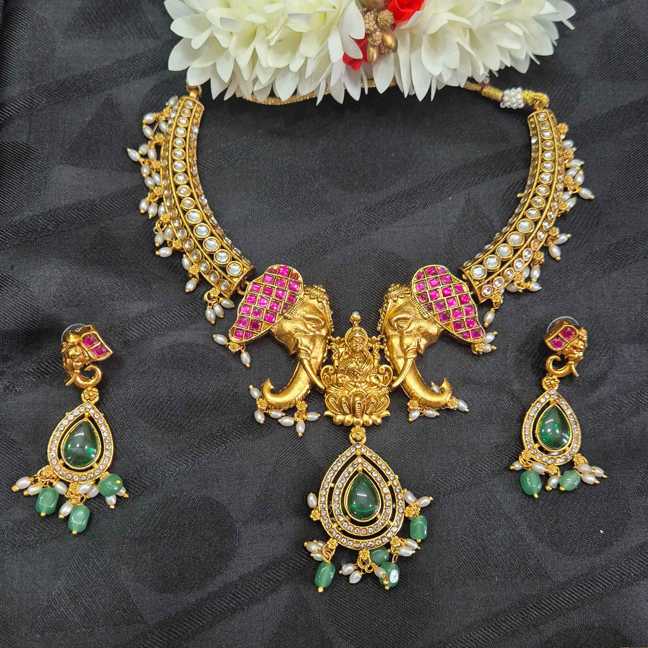 Antique Gold Finish Lakshmi Elephant Choker Necklace Set with Green Stone Drops | Temple Bridal Jewelry