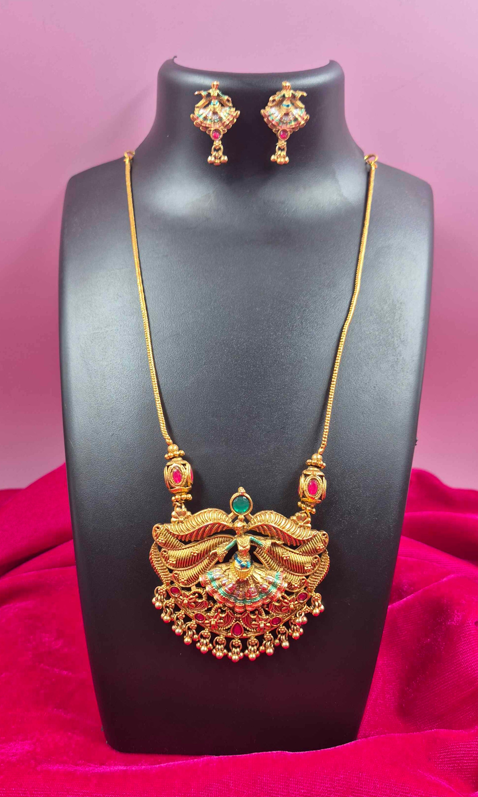 Antique Gold Finish Dancing Lady Pendant Necklace Set with Ruby & Emerald Stone Accents