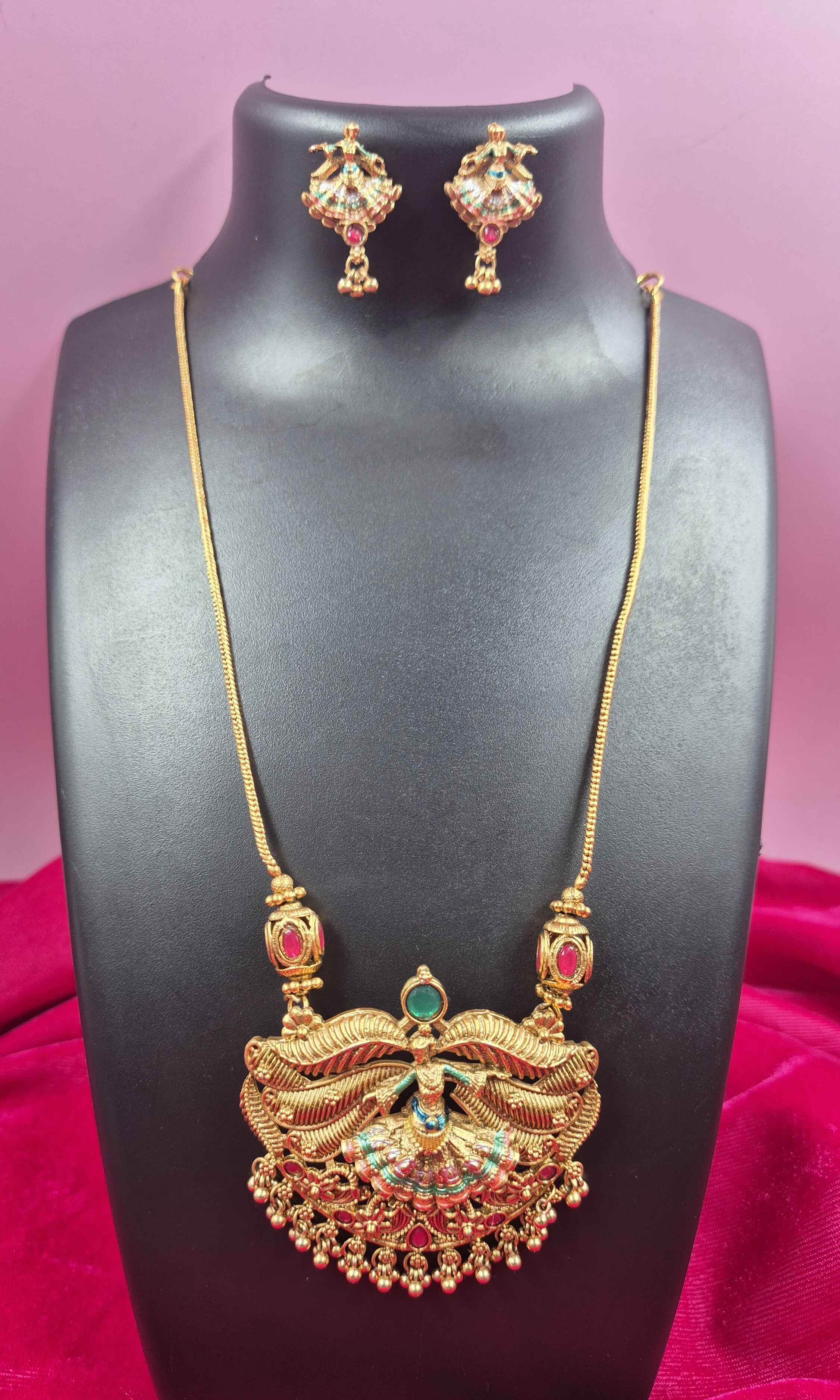 Antique Gold Finish Dancing Lady Pendant Necklace Set with Ruby & Emerald Stone Accents