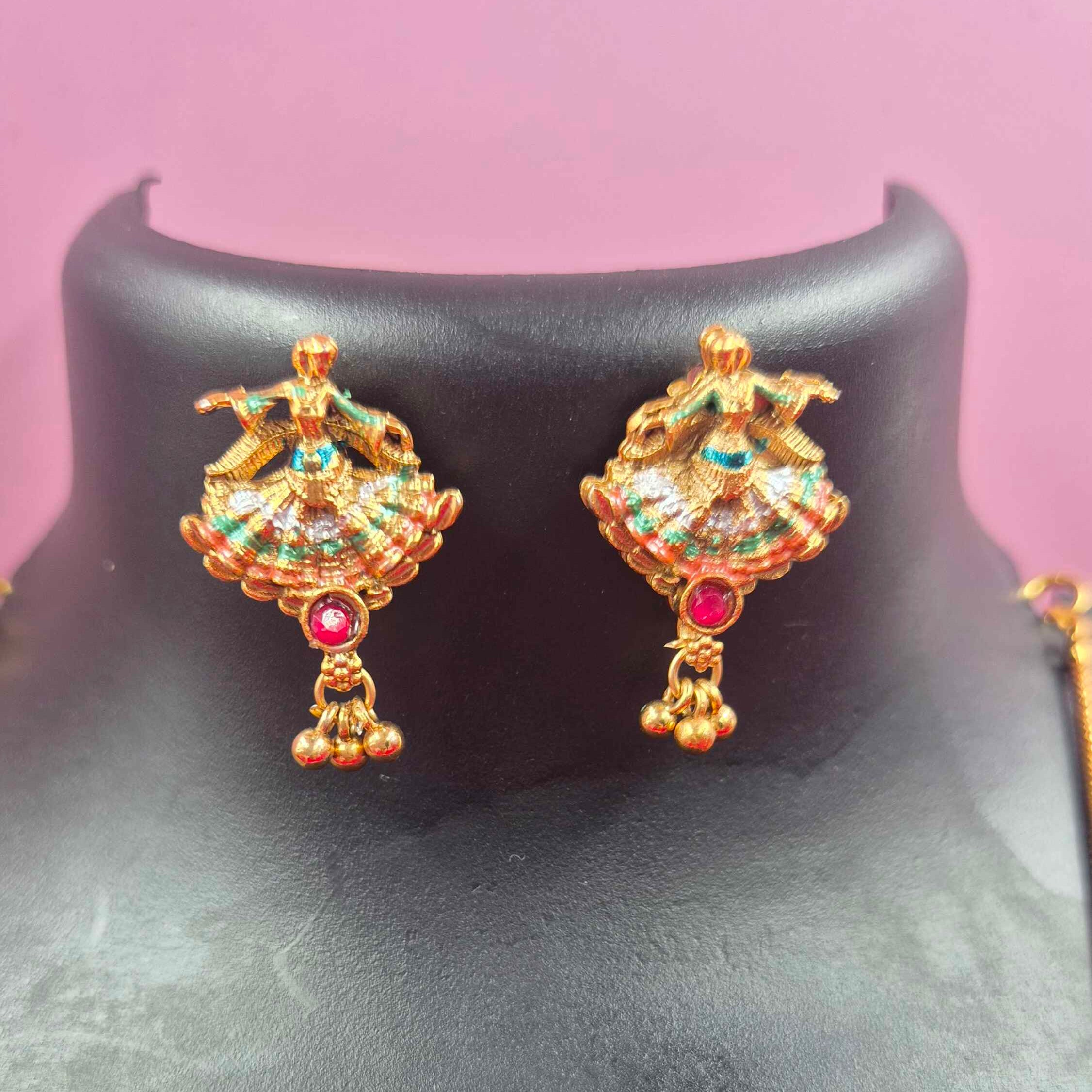 Antique Gold Finish Dancing Lady Pendant Necklace Set with Ruby & Emerald Stone Accents