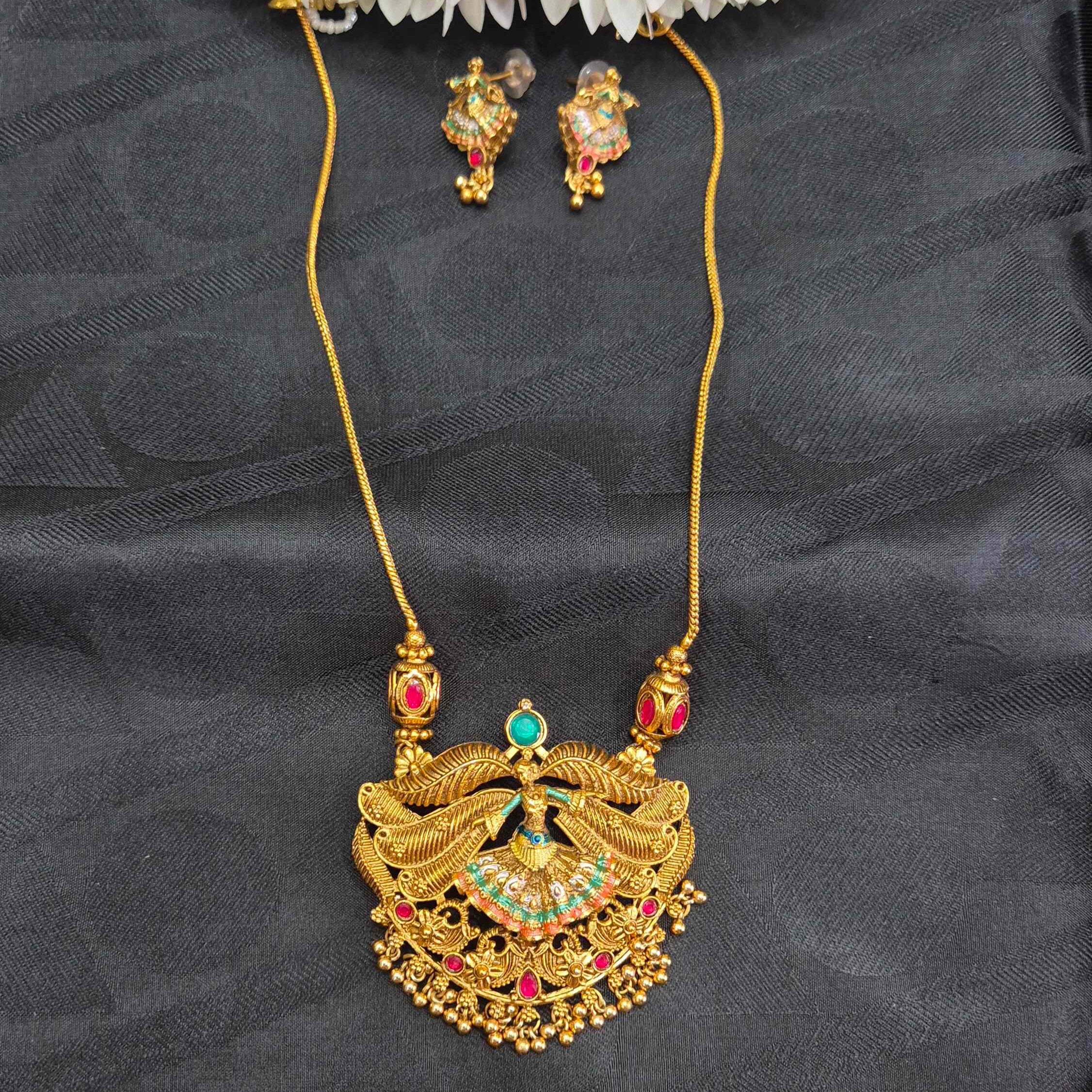 Antique Gold Finish Dancing Lady Pendant Necklace Set with Ruby & Emerald Stone Accents