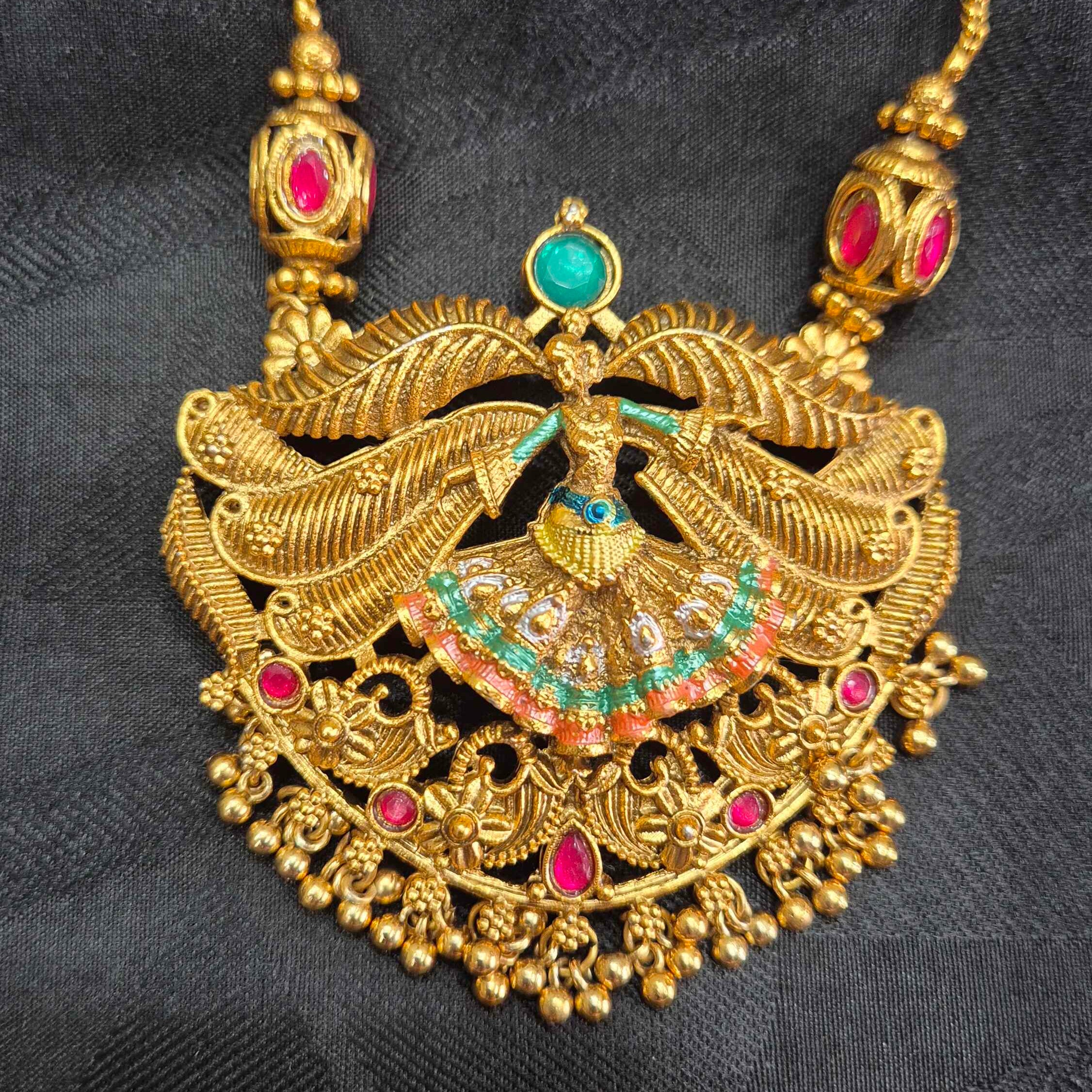 Antique Gold Finish Dancing Lady Pendant Necklace Set with Ruby & Emerald Stone Accents